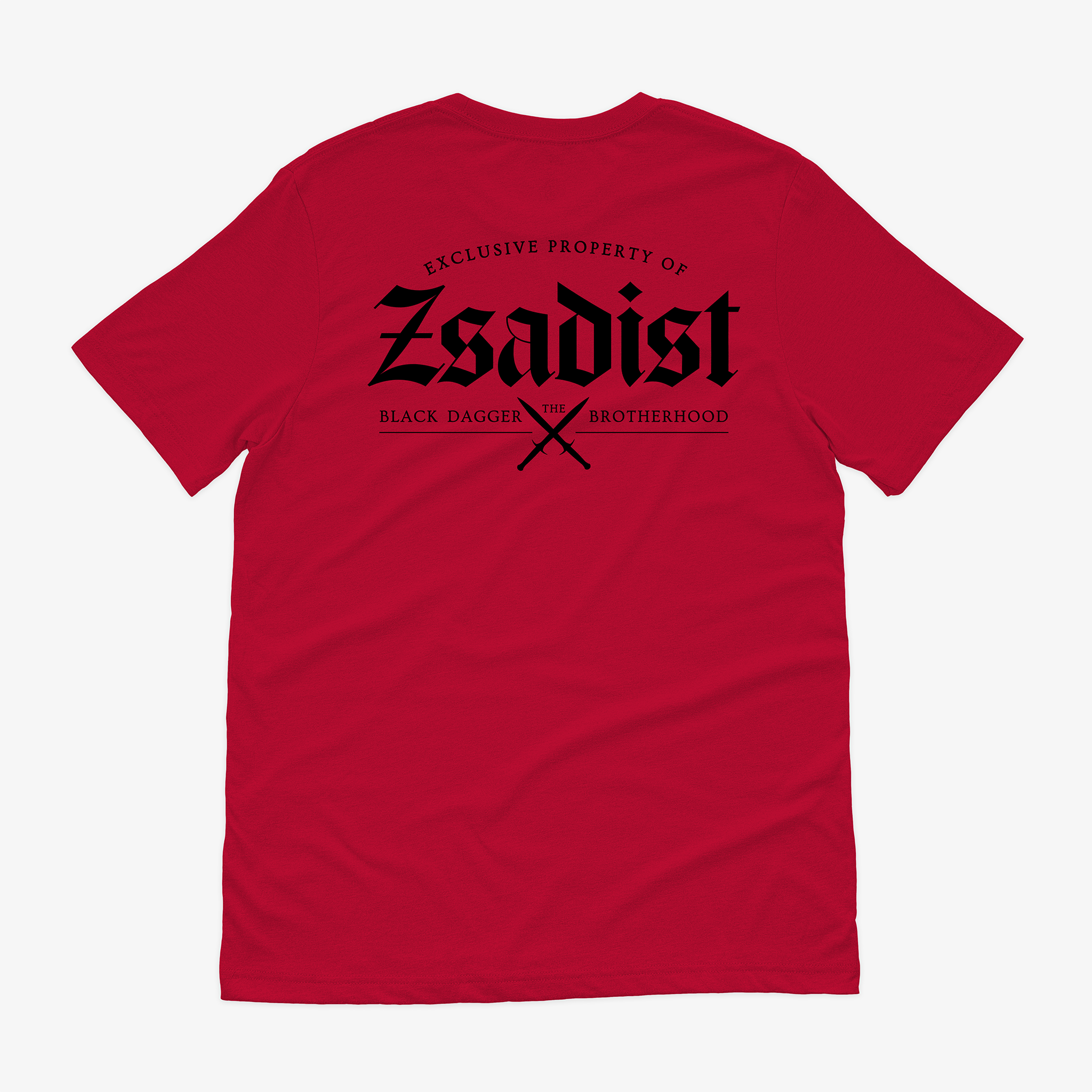 the back of a red shirt with the words "property of Zsadist: the Black Dagger Brotherhood" with 2 daggers crossed