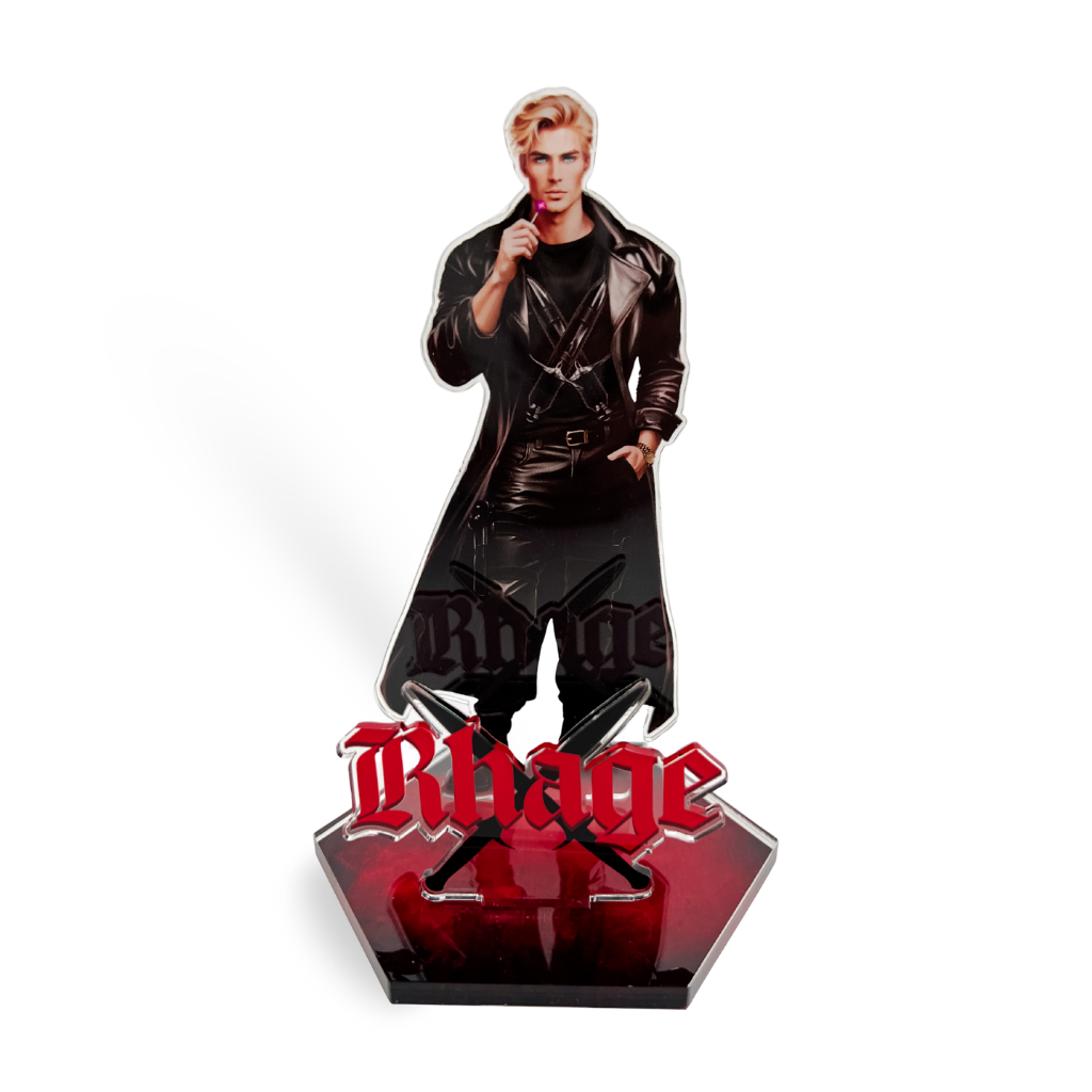 Figurine of a Rhage in a leather outfit holding a purple lollipop. 'Rhage' in red letters over black crossed daggers.