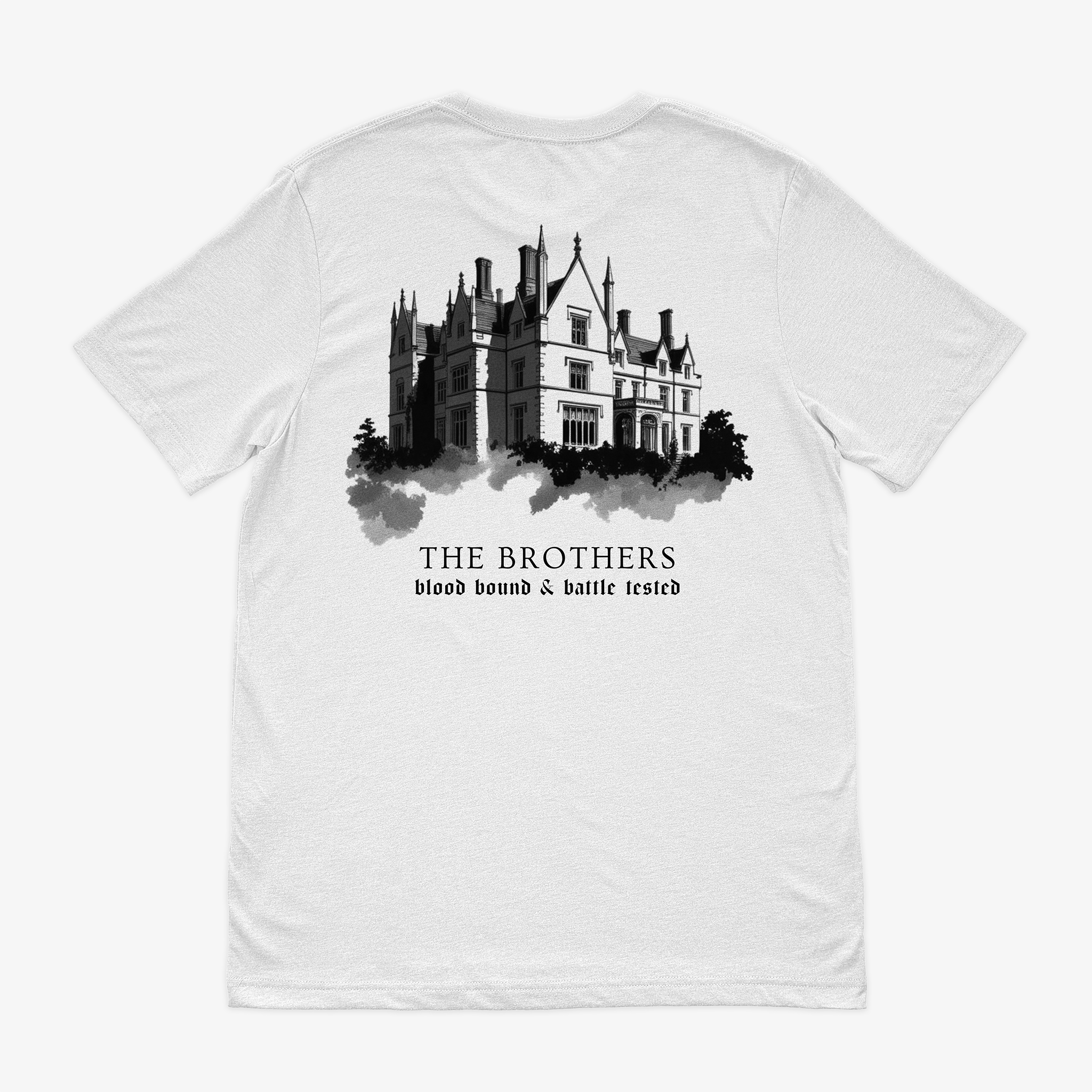 the black dagger brotherhood shirt that features the mansion in a dark, moody line drawing and says " blood bound and battle tested" in a gothic font