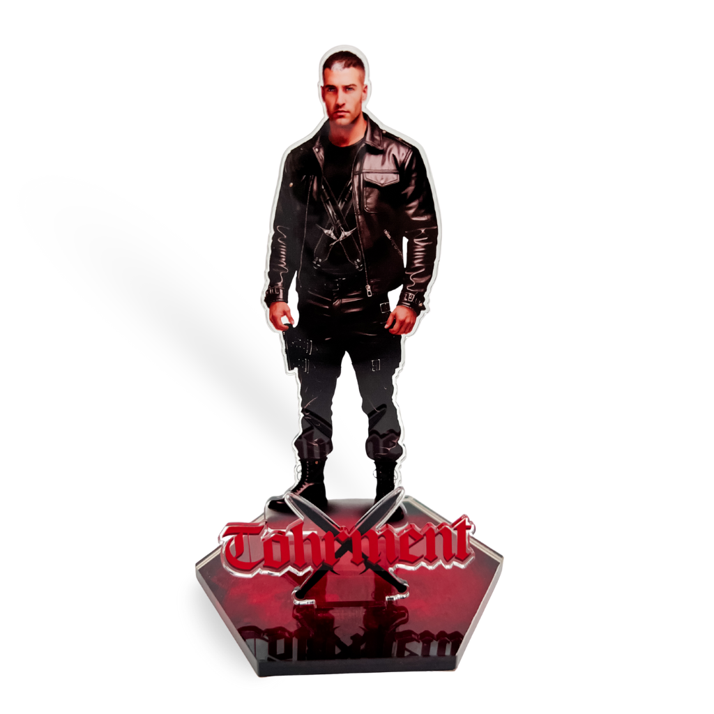 Tohrment acrylic standee. He's wearing all black leather, facing the camera.
