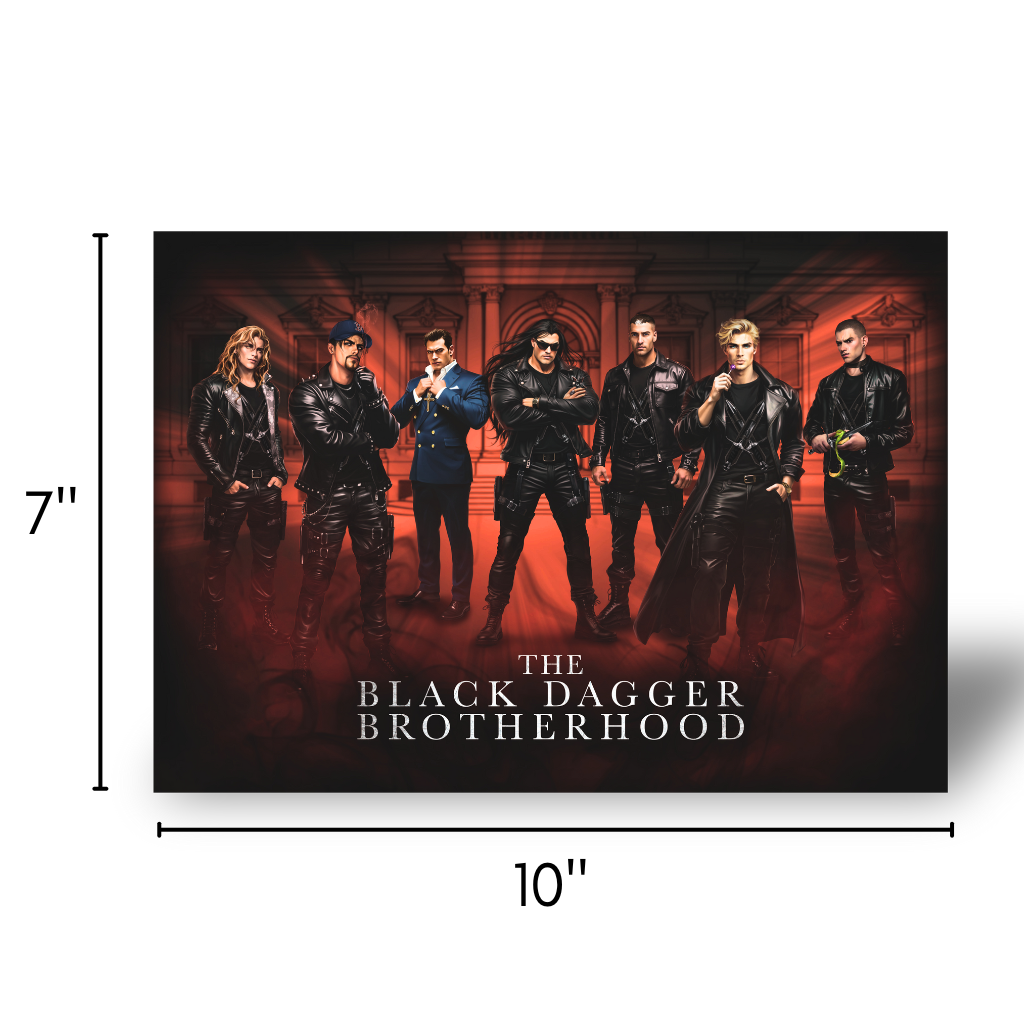 Poster of 'The Black Dagger Brotherhood' with six characters in a dimly lit room, dimensions 7x10 inches.