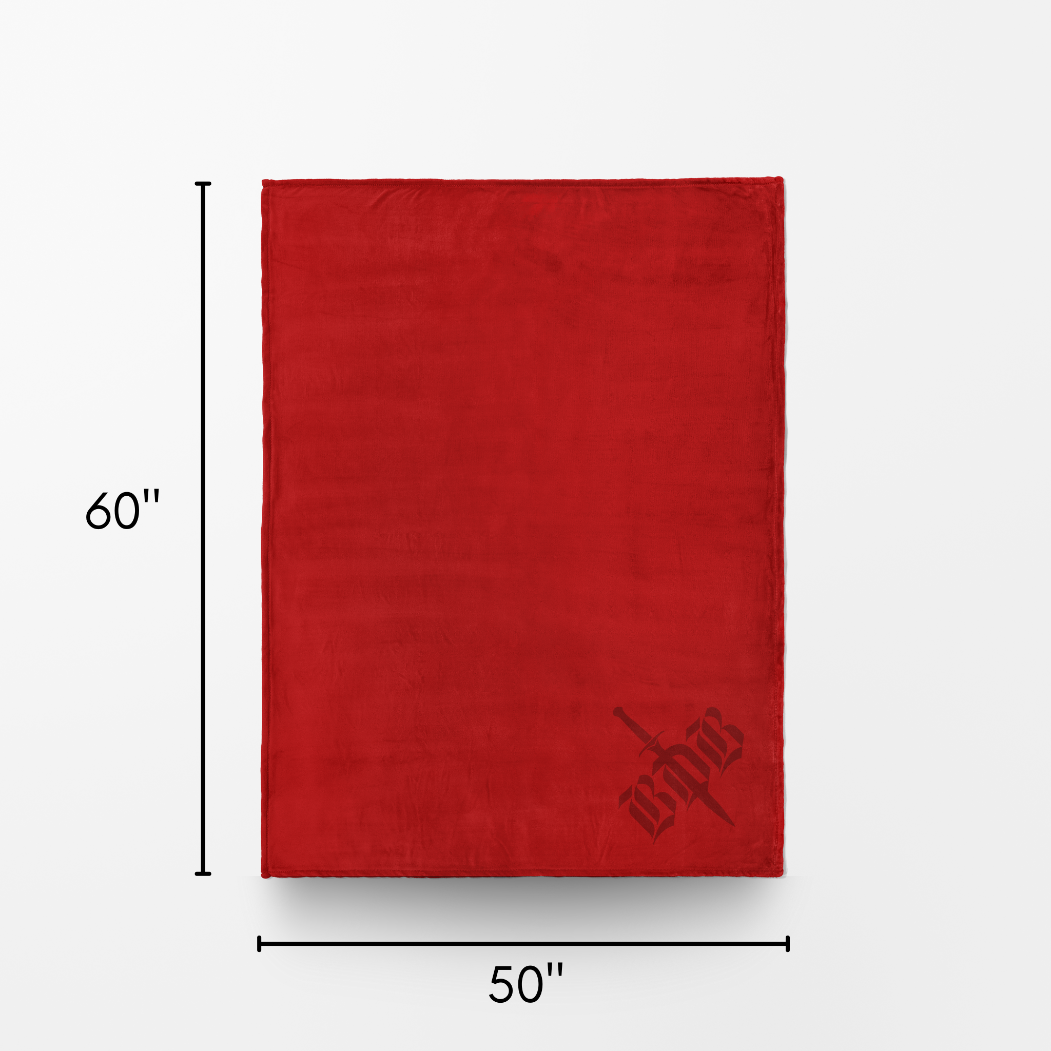 Red blanket with dimensions and a BDB logo on a white background