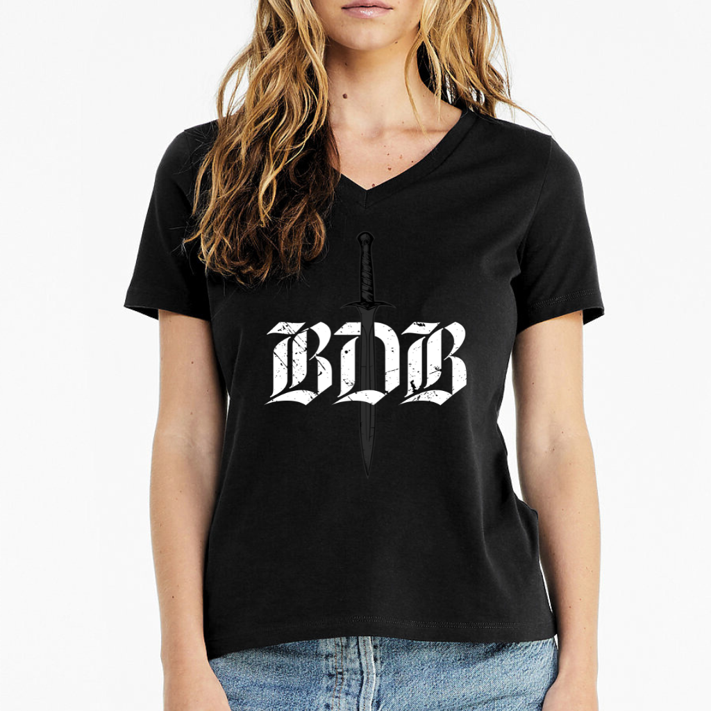 Person wearing a black t-shirt with 'BDB' logo on a white background