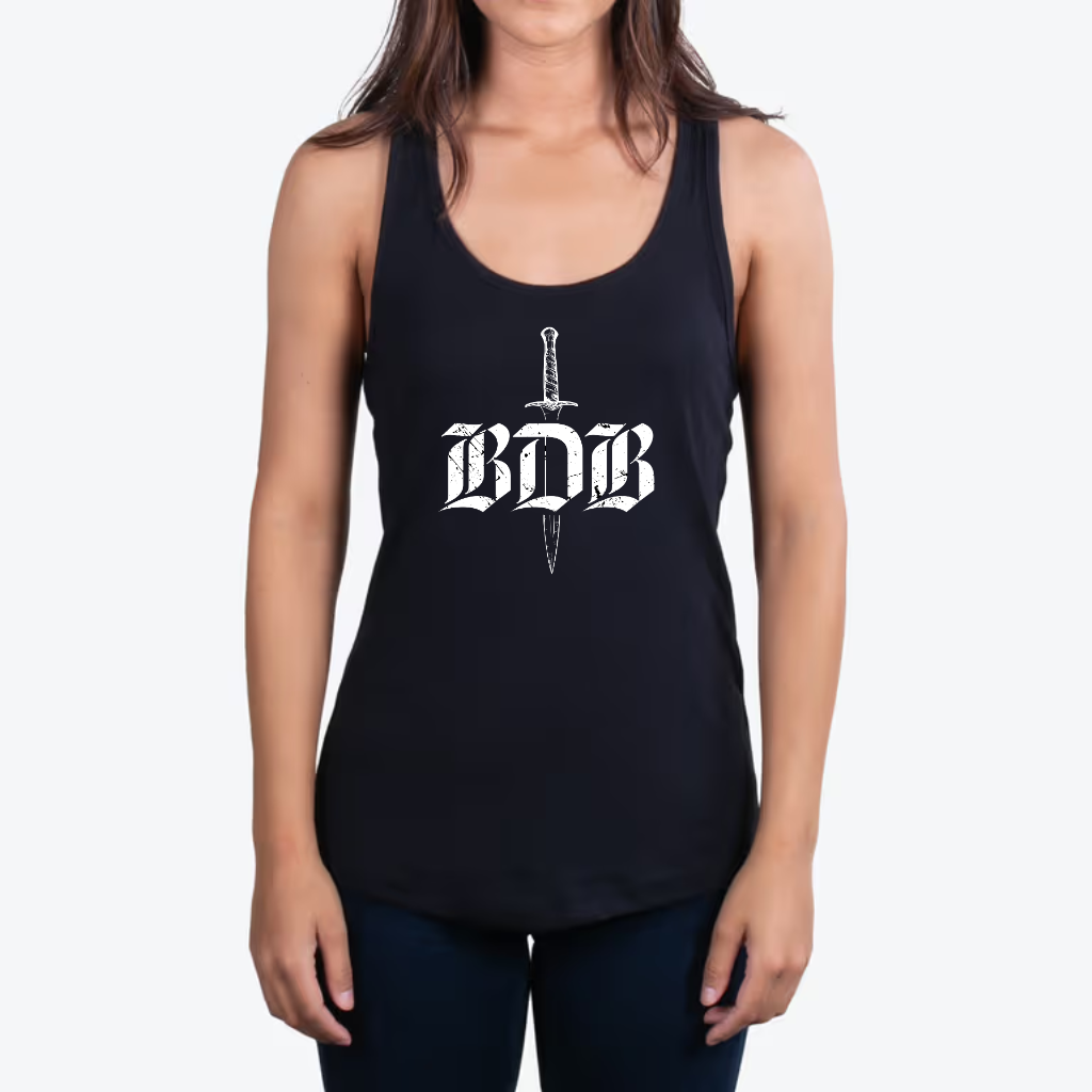 Black tank top with 'BDB' logo worn by a person on a white background
