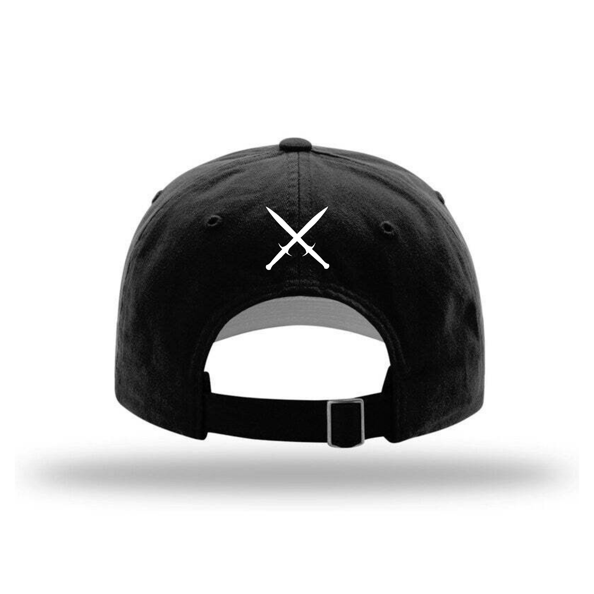 Back view of a black dad cap. A pair of white crossed daggers are embroidered on the back.