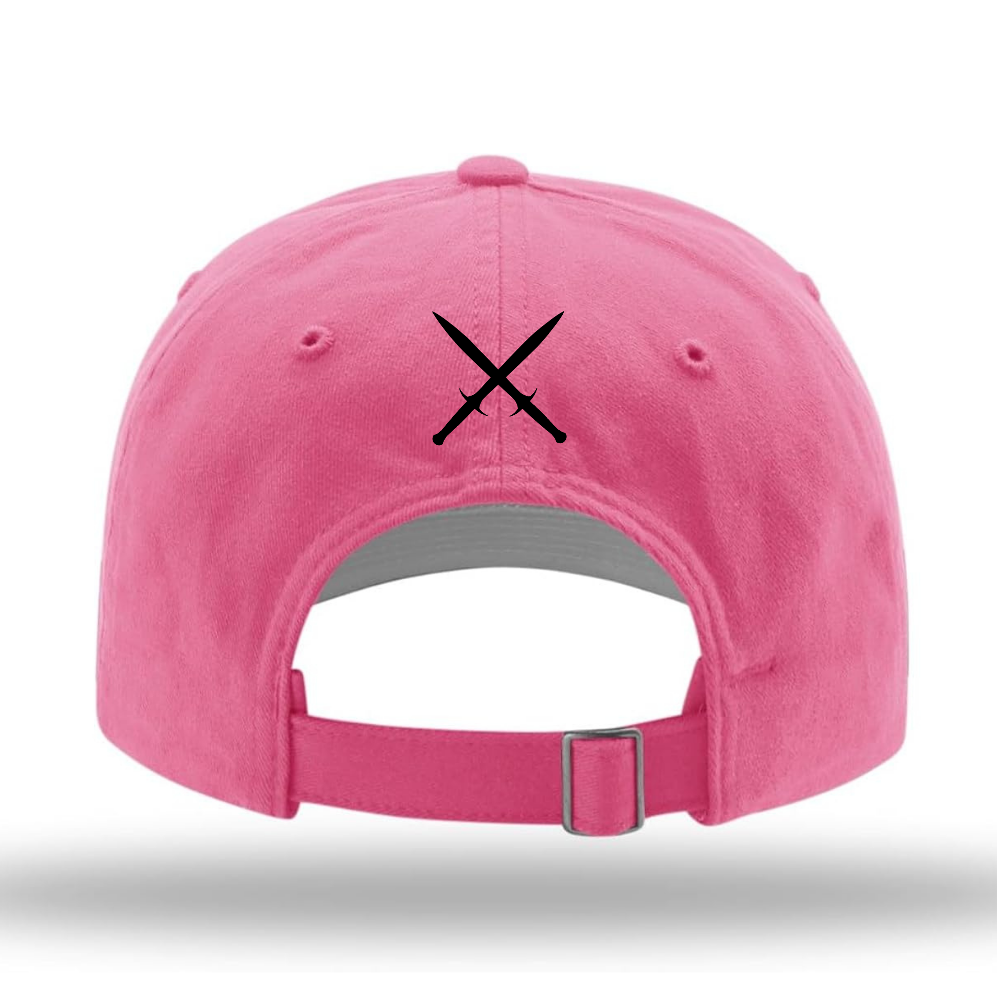 Back view of a hot pink dad cap. A pair of black crossed daggers are embroidered on the back.