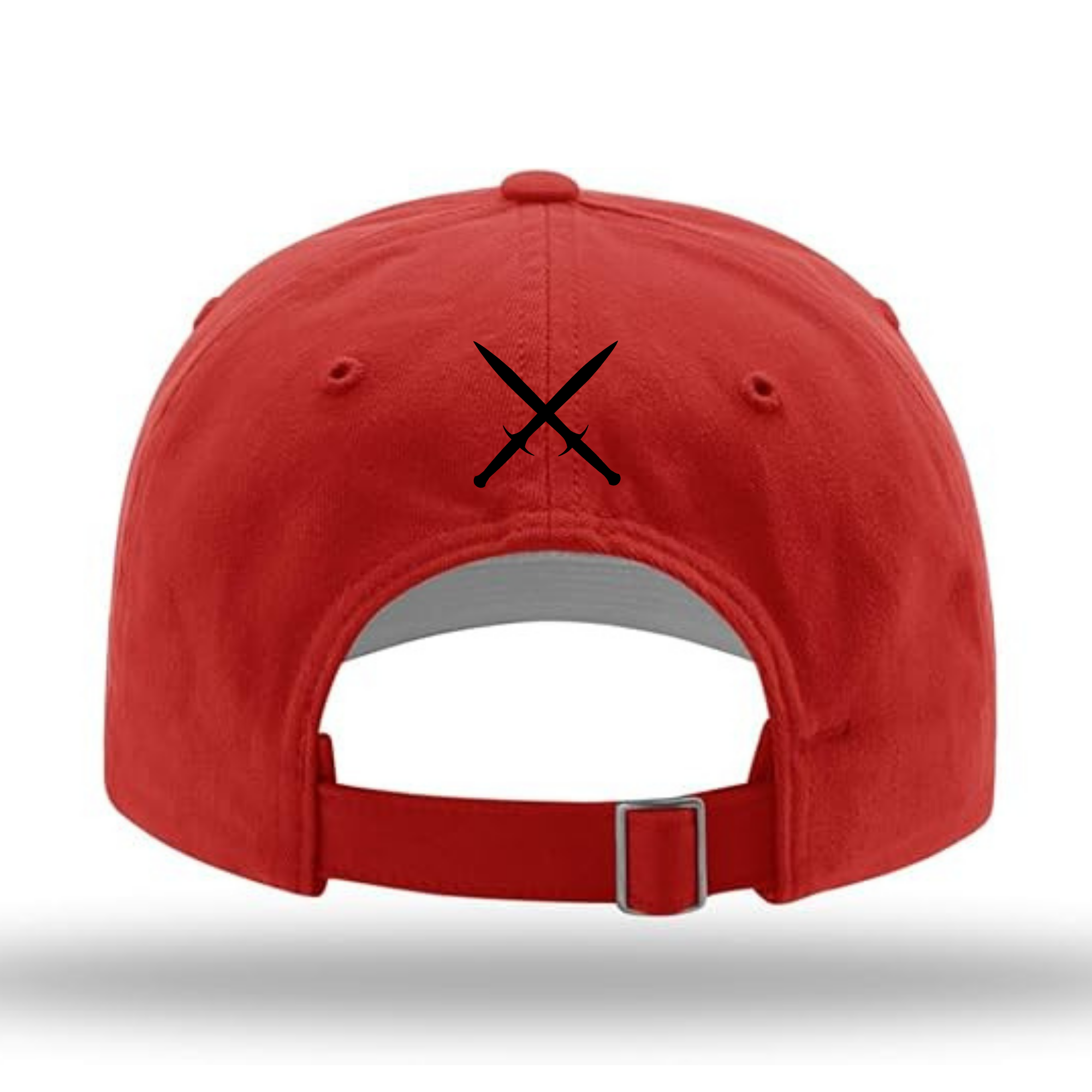 Back view of a red dad cap. A pair of black crossed daggers are embroidered on the back.