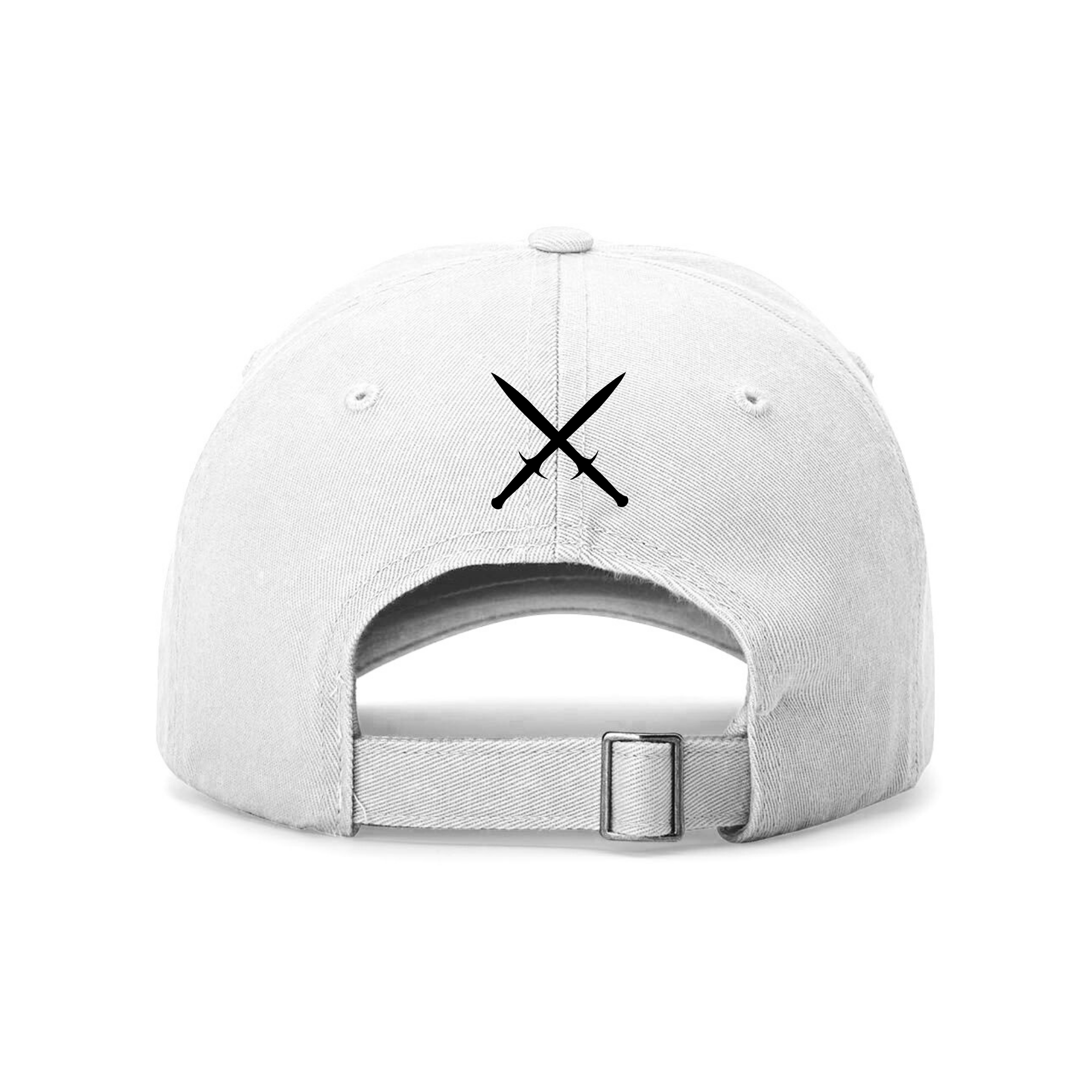 Back view of a white dad cap. A pair of black crossed daggers are embroidered on the back.