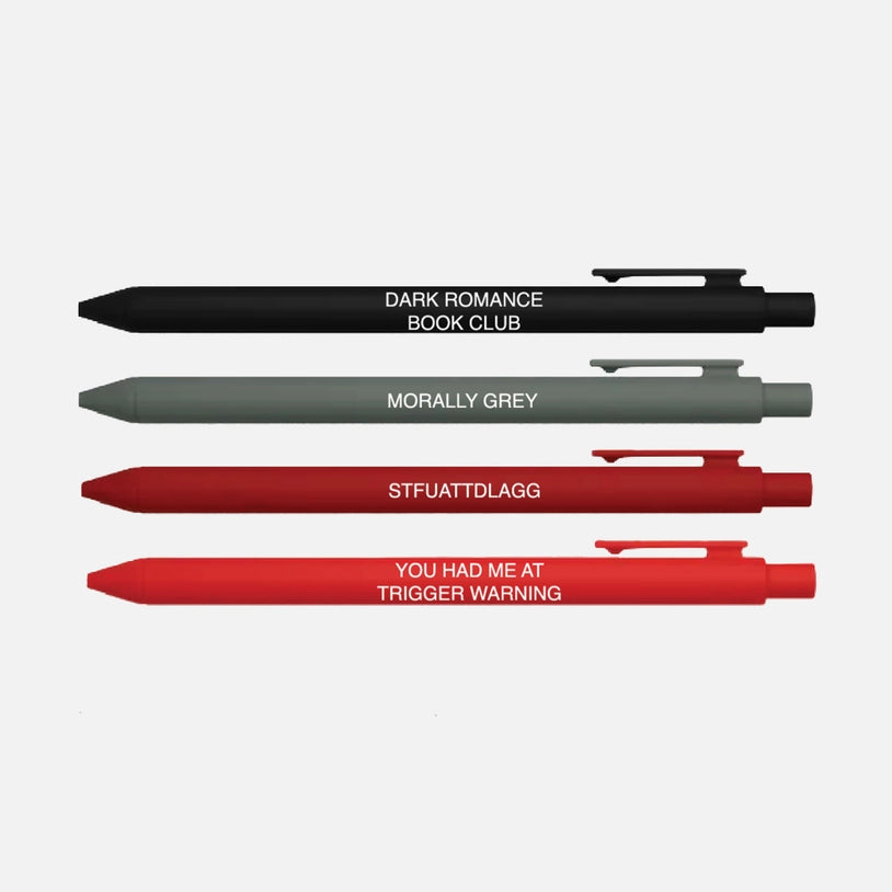 Four pens with text on a white background