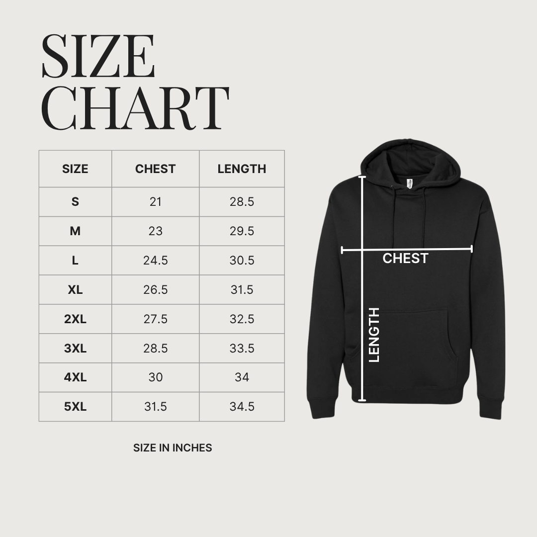 Black hoodie with size chart on a white background