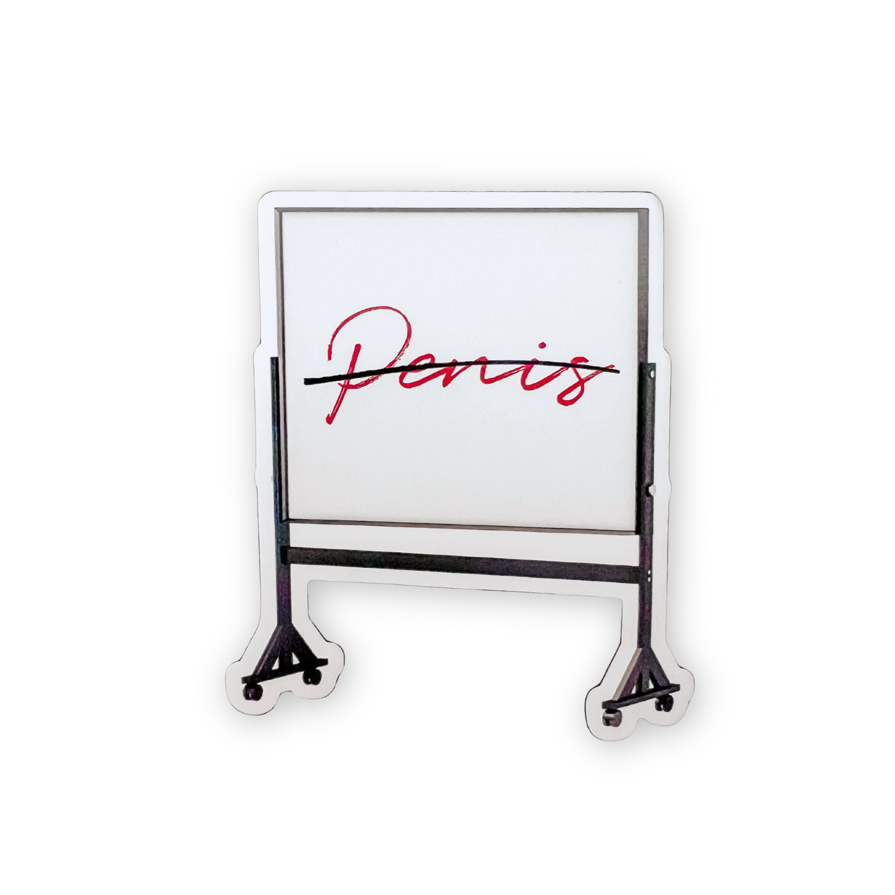 a flexible magnet of "penis" with a line drawn through it on a white board