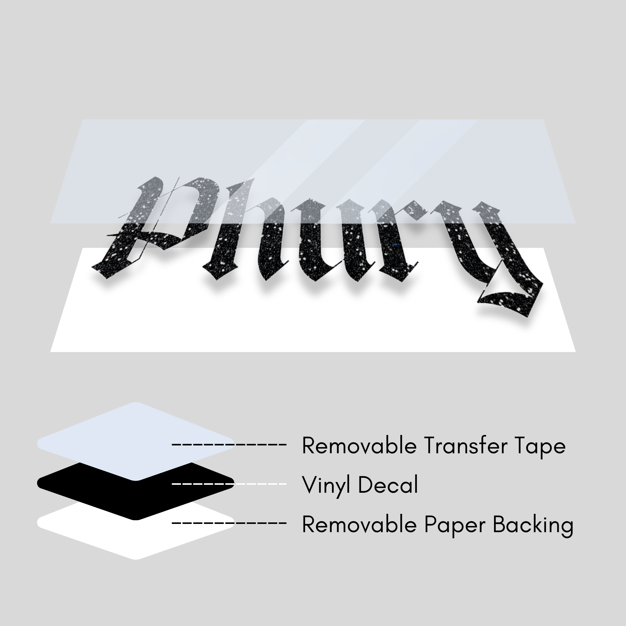 Vinyl decal with removable transfer tape and paper backing on a gray background