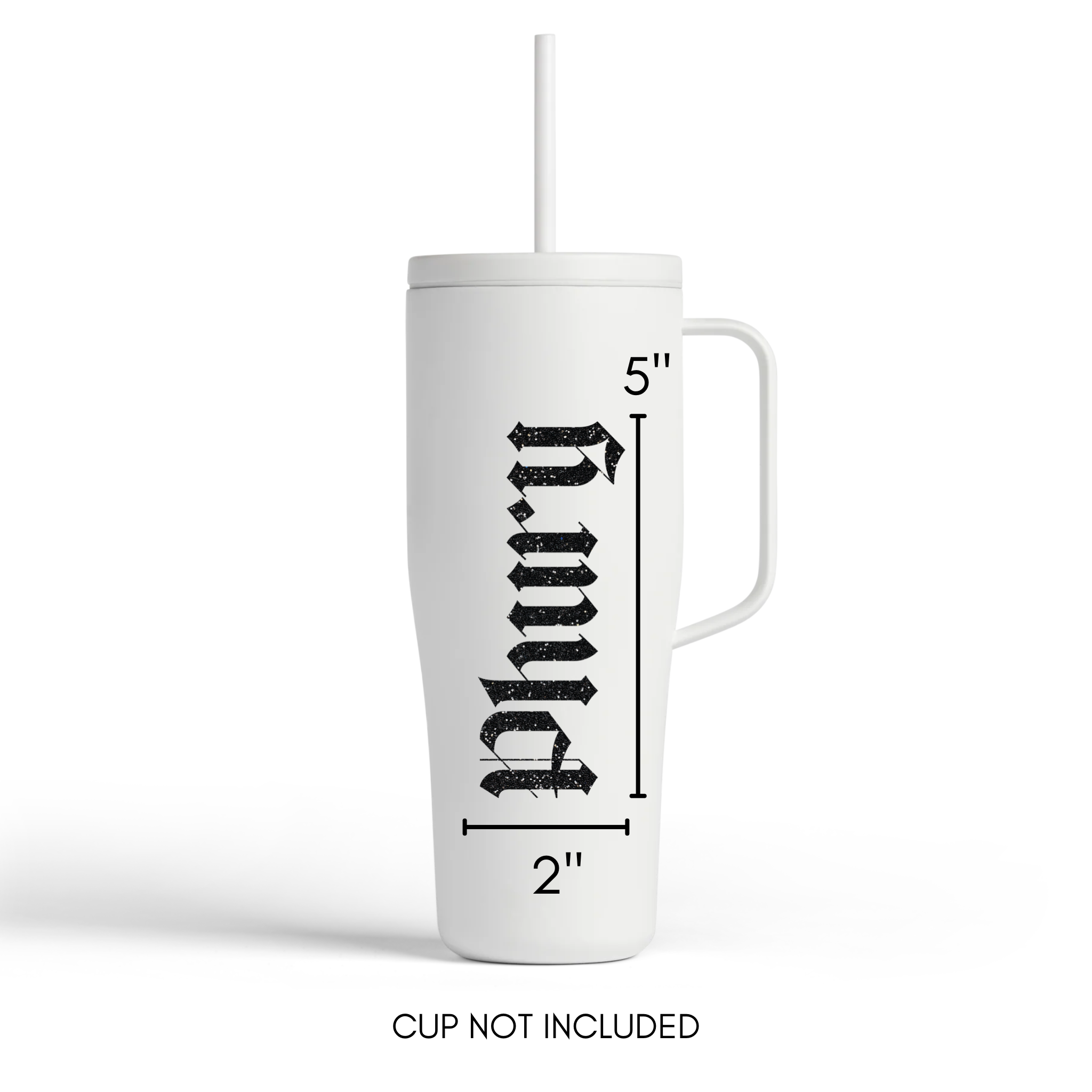 White tumbler with measurements and text on a white background