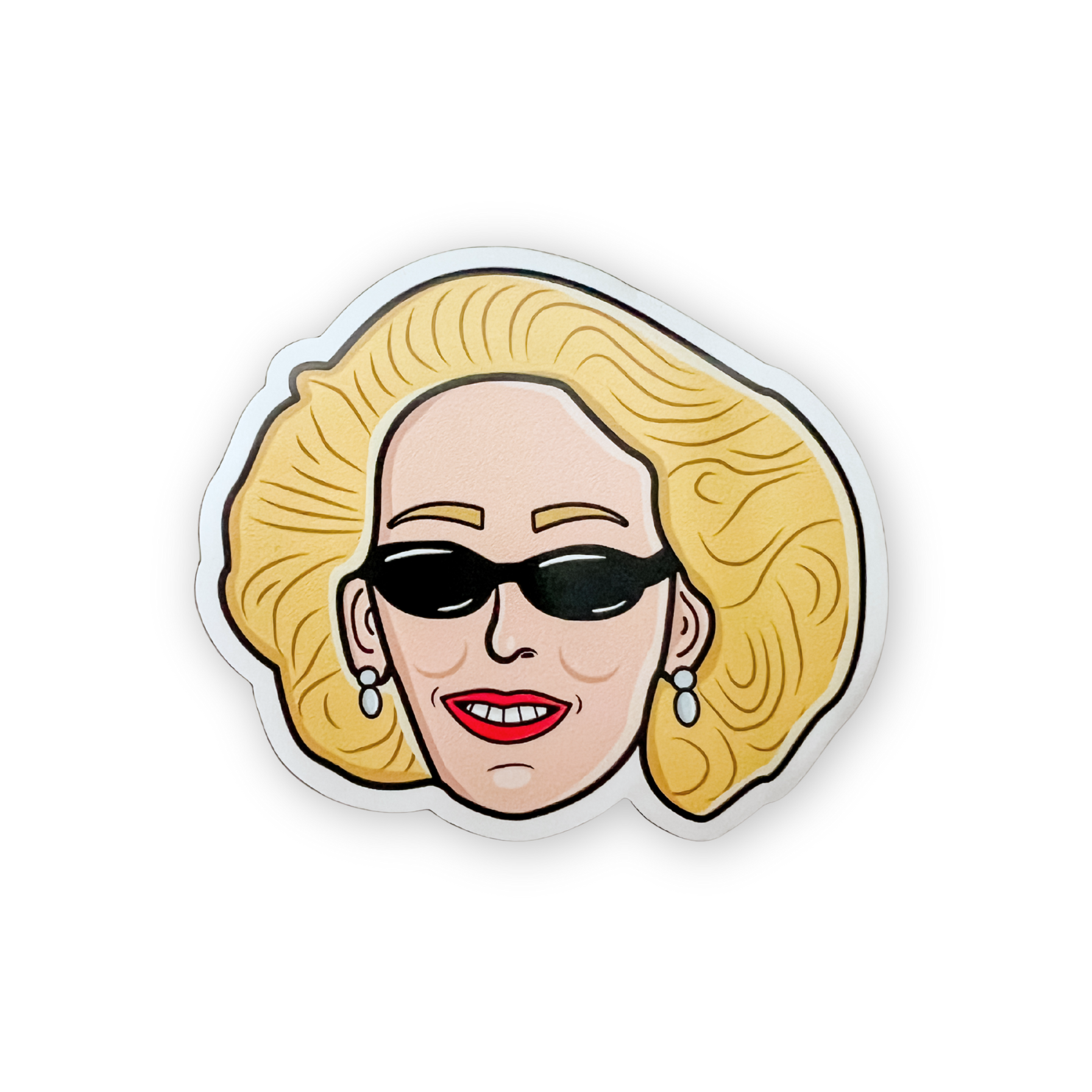 a cartoon version of J.R. Ward's face. She's wearing black sunglasses and diamond earrings.