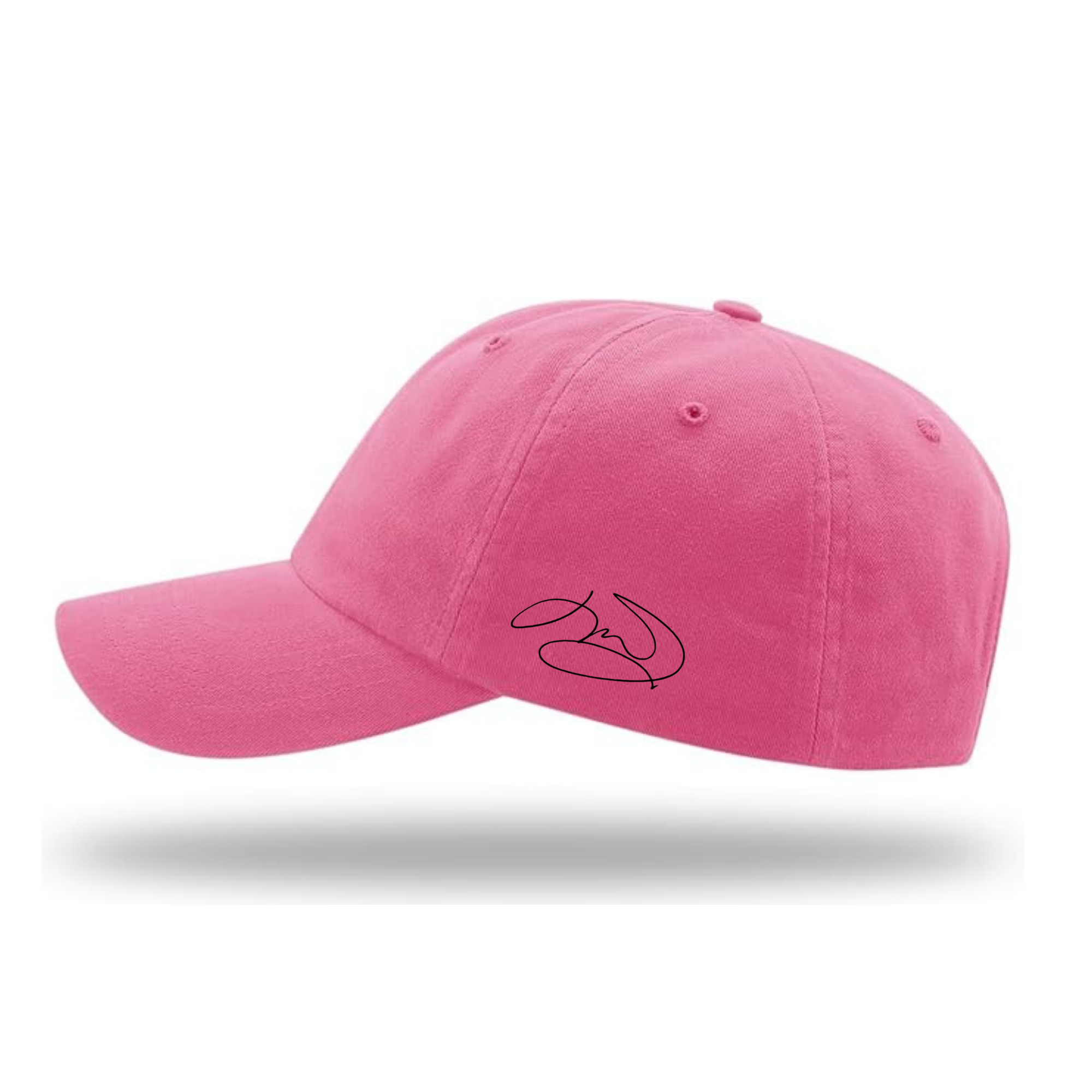 Side view of a hot pink dad cap. J.R. Ward's signature is embroidered on the side.