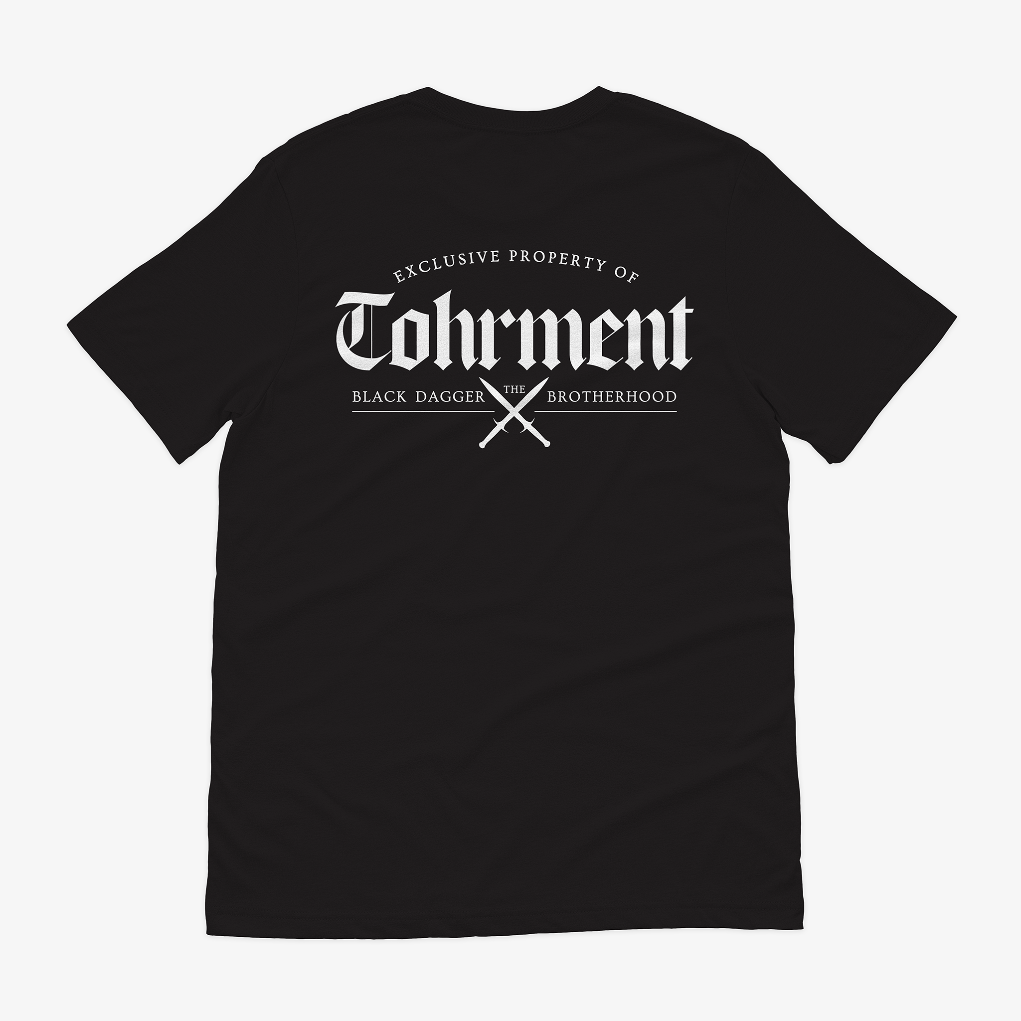the back of a black shirt with the words "property of Tohrment: the Black Dagger Brotherhood" with 2 daggers crossed
