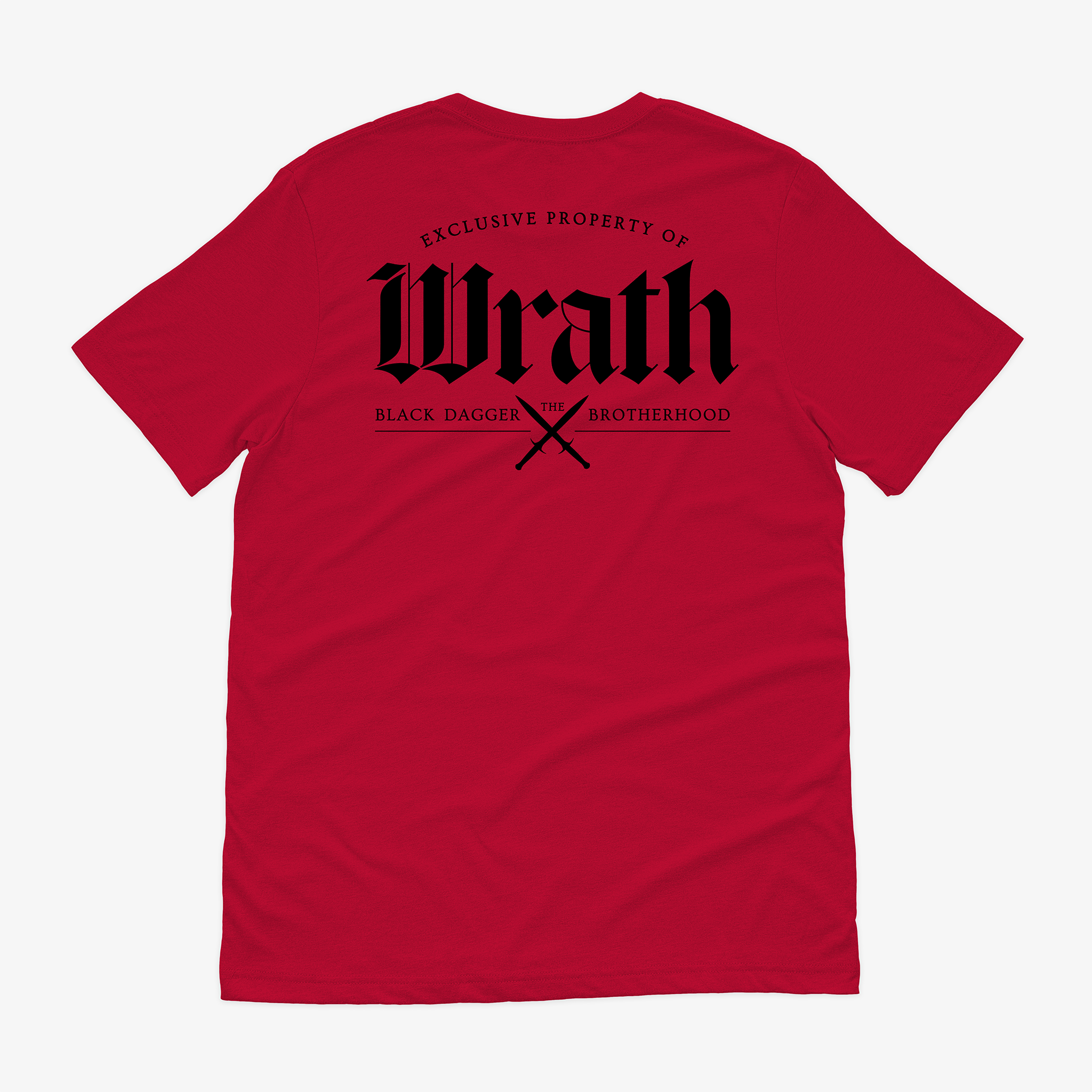 the back of a red shirt with the words "property of Wrath: the Black Dagger Brotherhood" with 2 daggers crossed