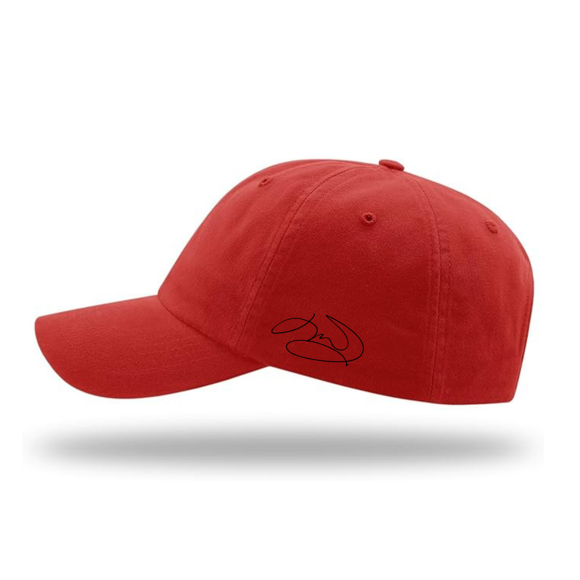 Side view of a red dad cap. J.R. Ward's signature is embroidered on the side.