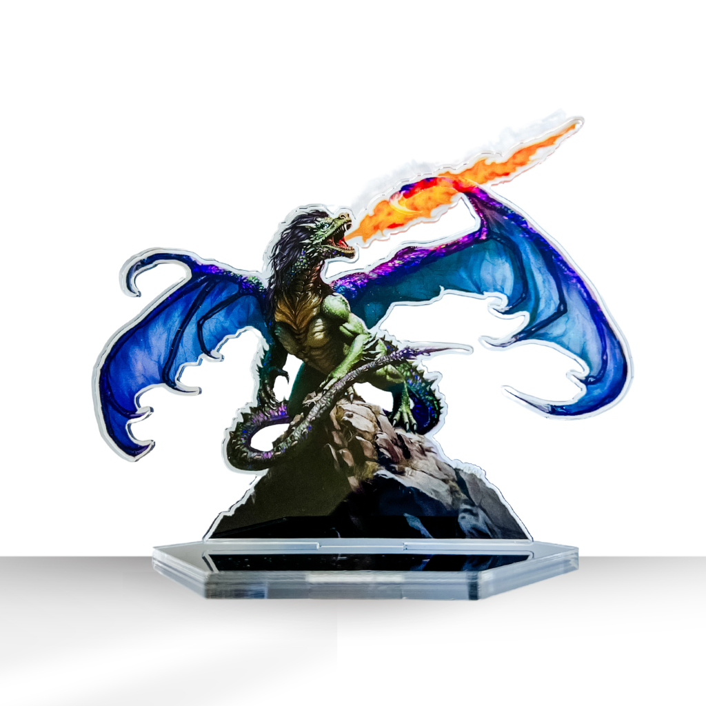 green and purple dragon blowing fire plastic stand