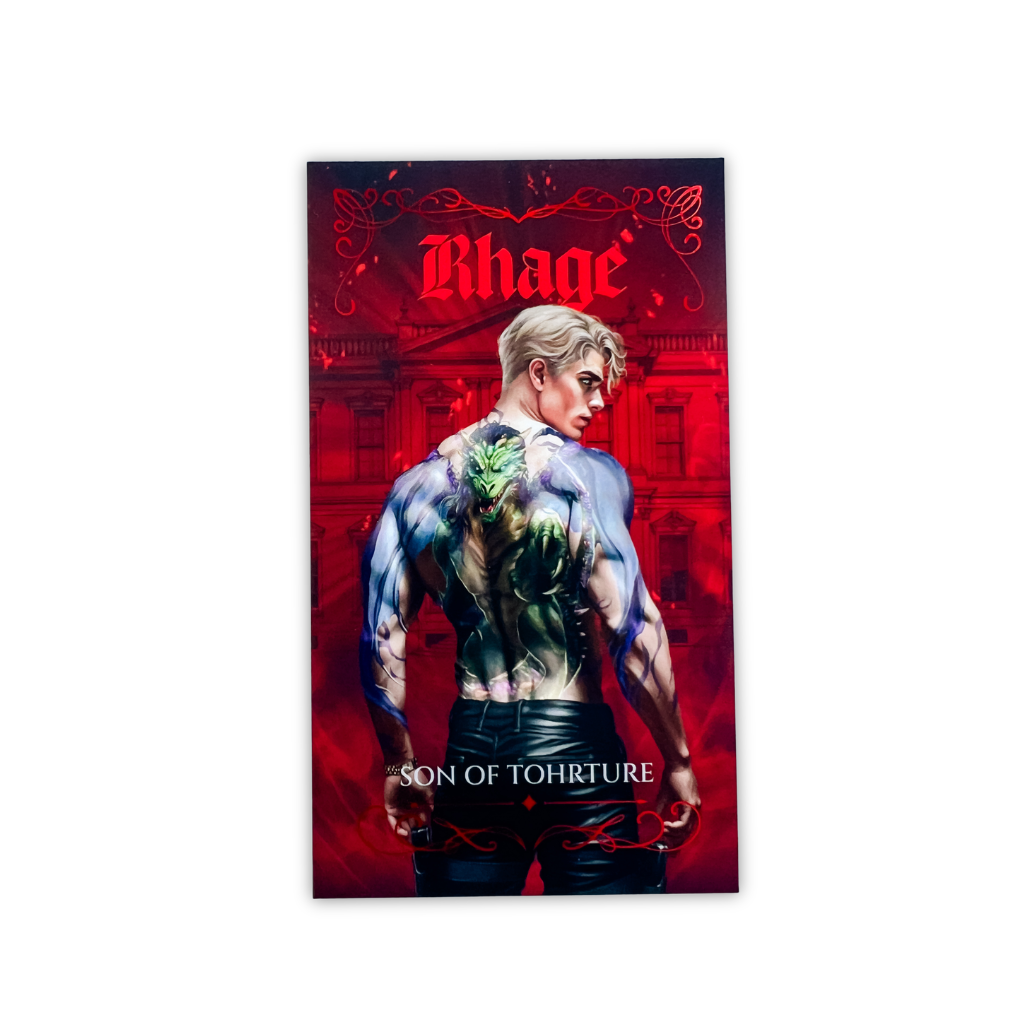 A character cardfeaturing illustrated cover art with the title 'Rhage' at the top and 'Son of Tohture' at the bottom. The artwork shows a muscular blond man from behind with colorful tattoos on his back, set against a dark red architectural background.