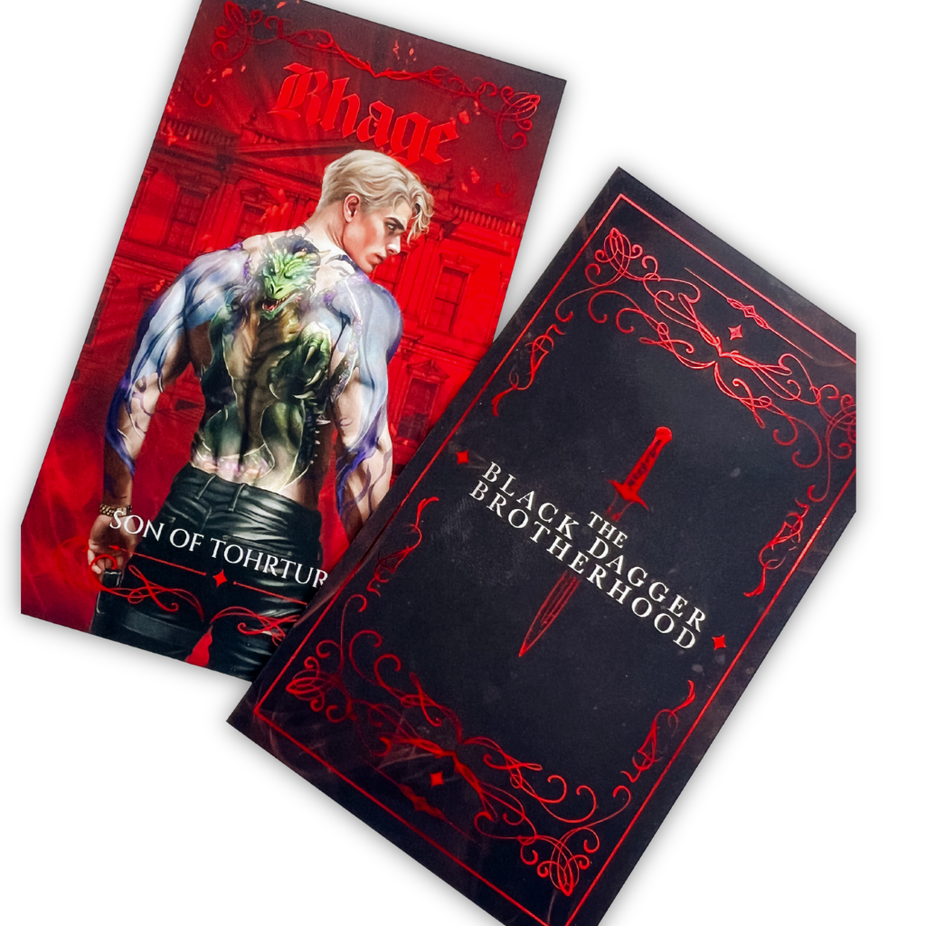 front and back of a character card for 'The Dagger Brotherhood' by Rage, featuring red and black cover art with a tattooed male warrior illustration.