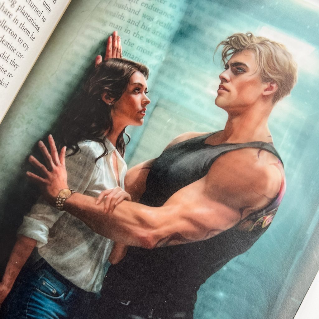 A close-up of a printed illustration or book page showing a muscular blond man in a black tank top holding a woman in a white blouse and blue jeans against a teal background with faint text.