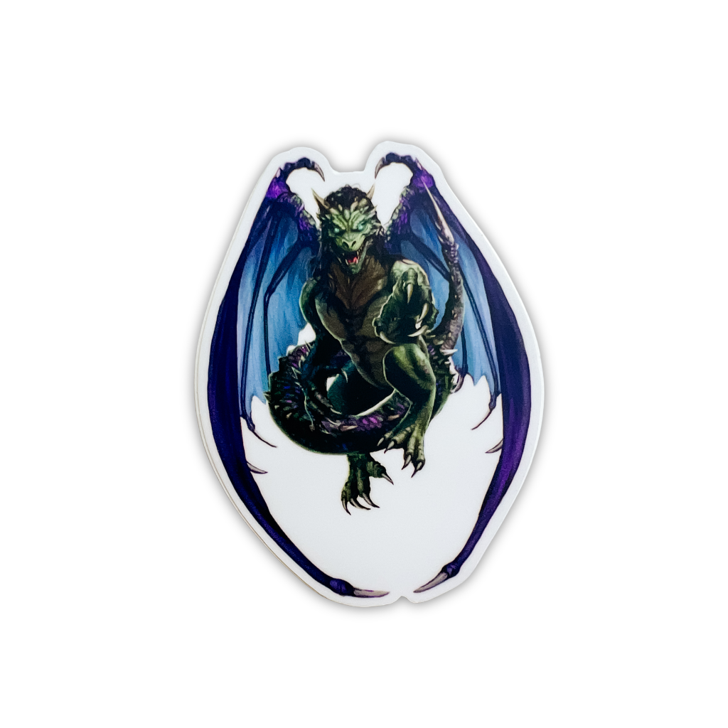 A die-cut sticker featuring a detailed illustration of a green dragon with purple wings, set against a white background with a black outline.