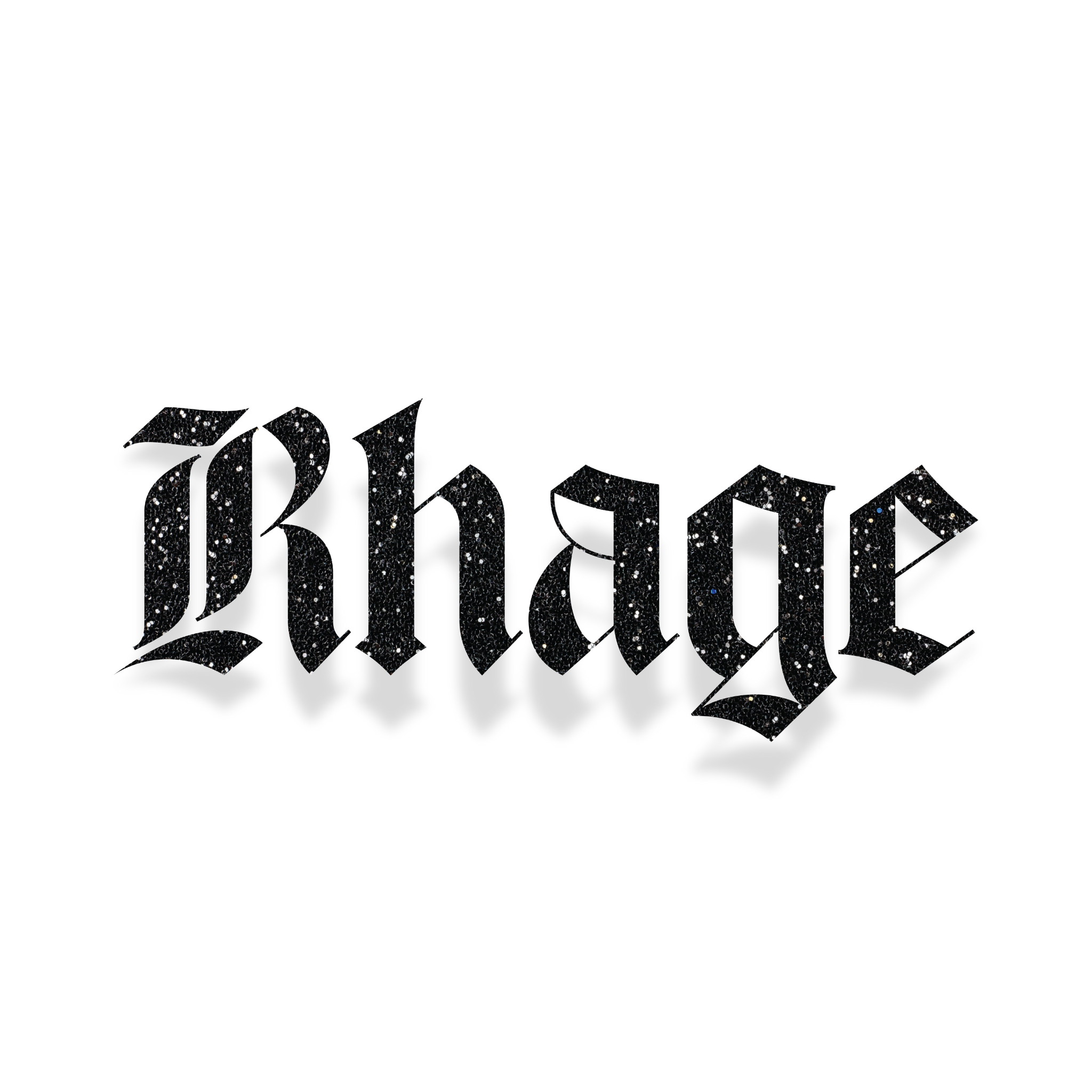  'Rhage' black glitter decal on a white background
