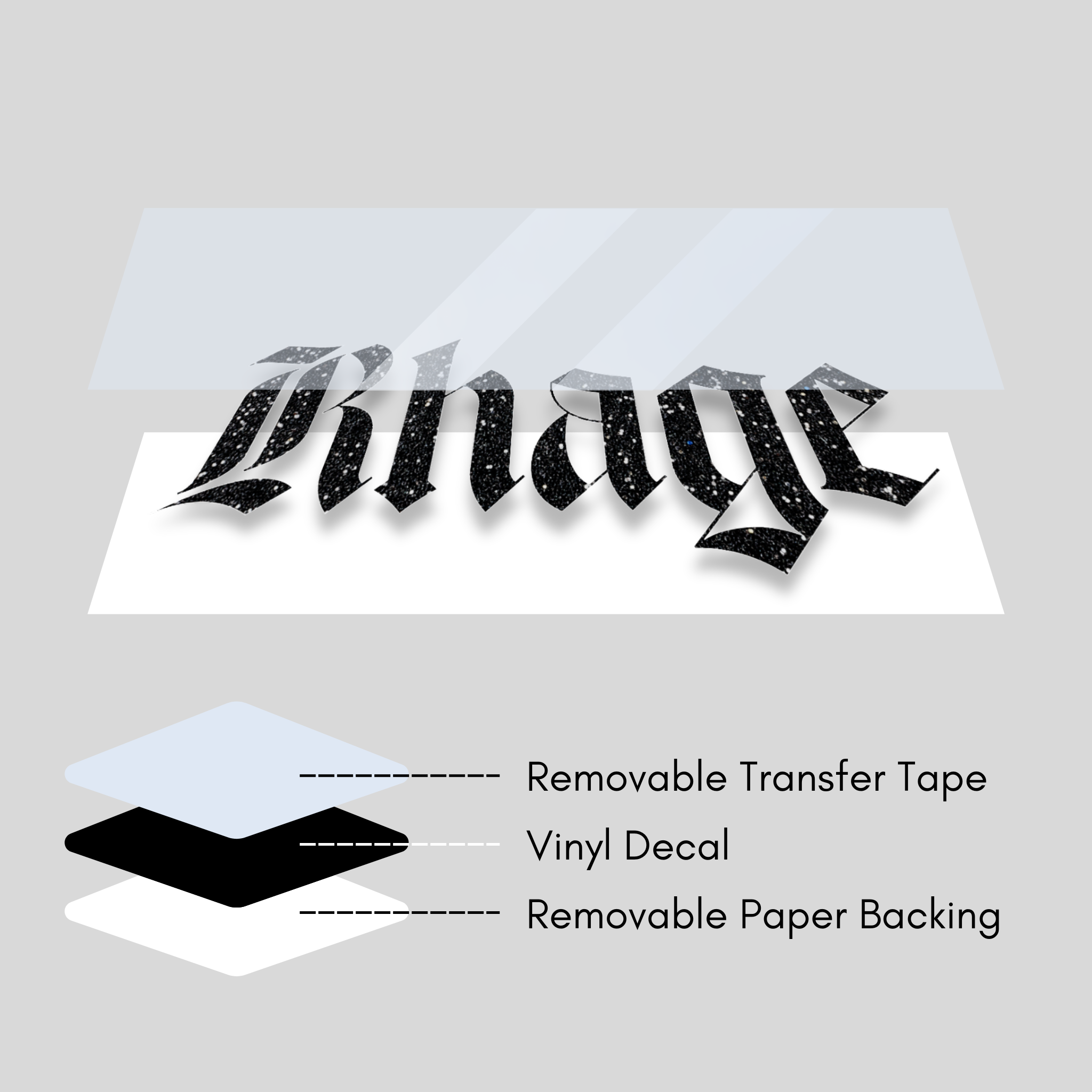 Vinyl decal with removable transfer tape and paper backing on a gray background