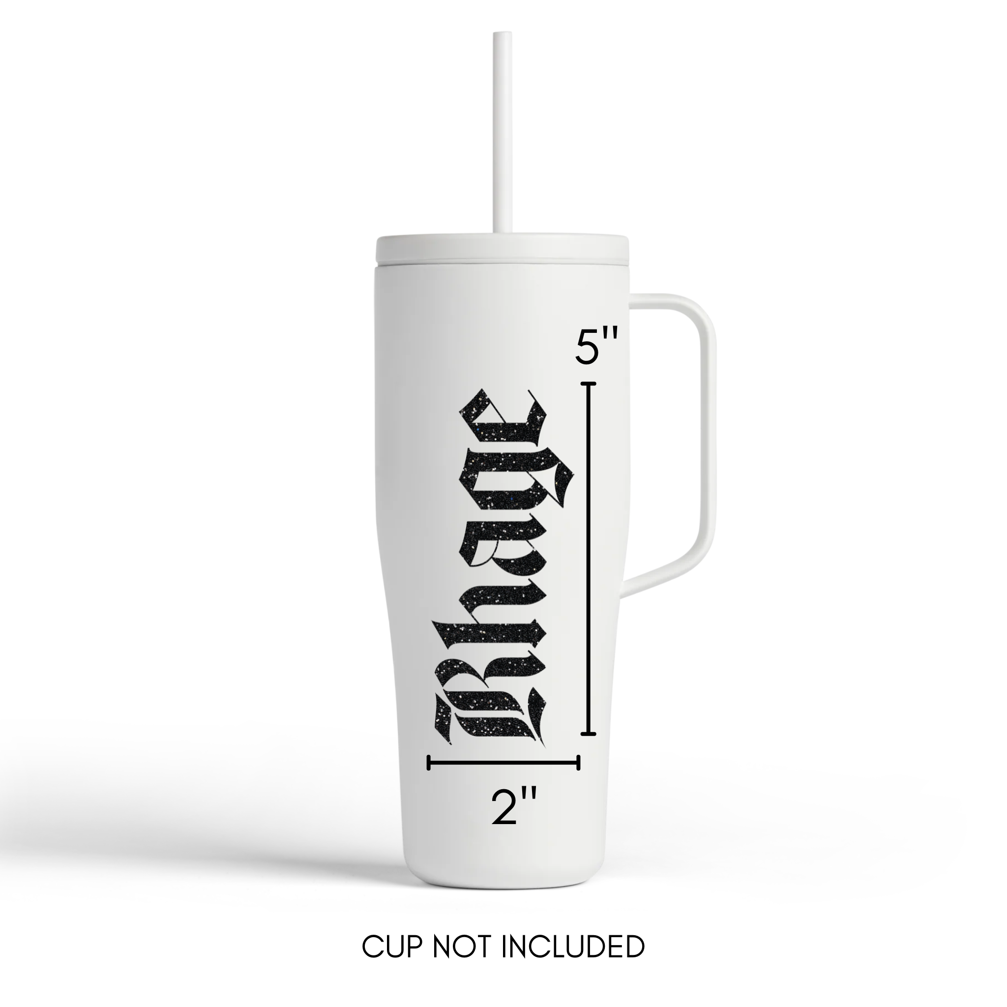 White tumbler with measurements and text on a white background
