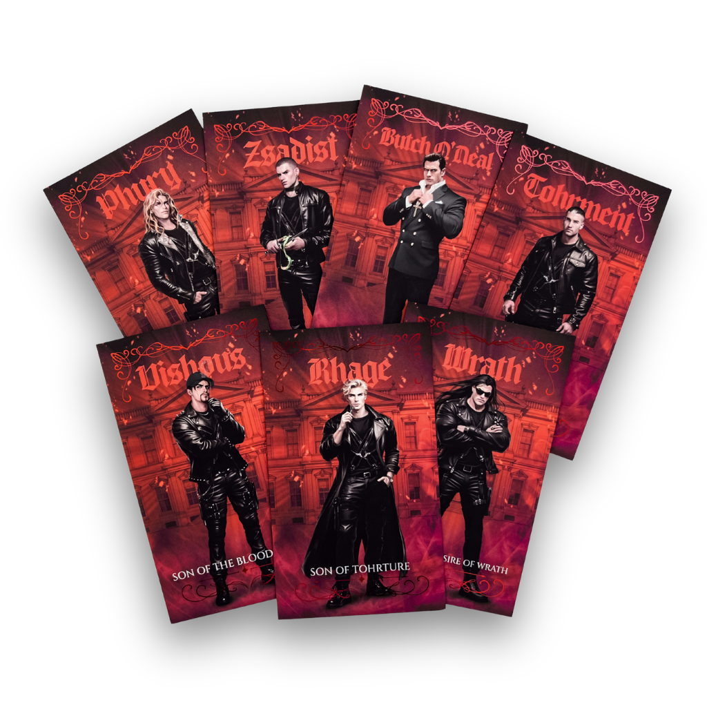 7 bdb brother character cards featuring Phury, Zsadist, Butch, Tohrment Vishous, Rage, Wrath