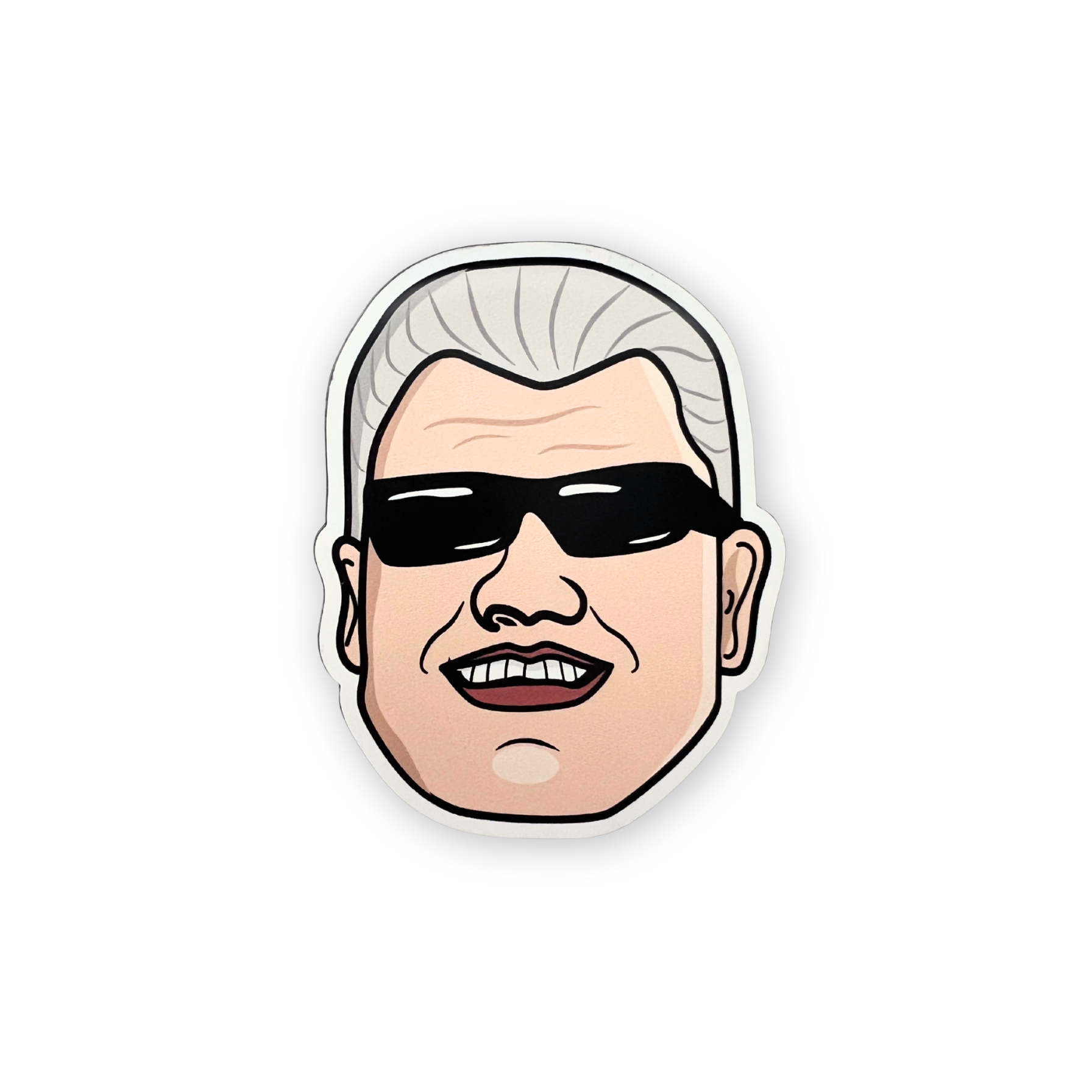 a magnet depicting a cartoon version of the silver fox. He's wearing dark wraparound sunglasses.