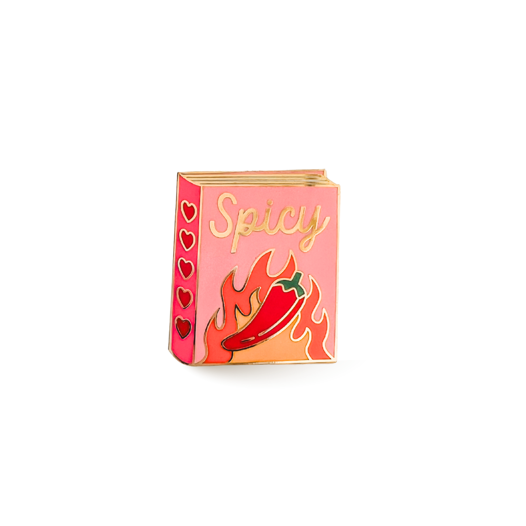 Enamel pin with a red chili pepper and flames, labeled 'Spicy', on a white background.