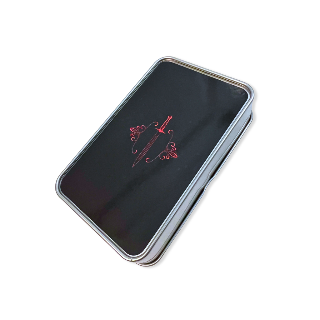 silver tin with black sticker with red design on a white background