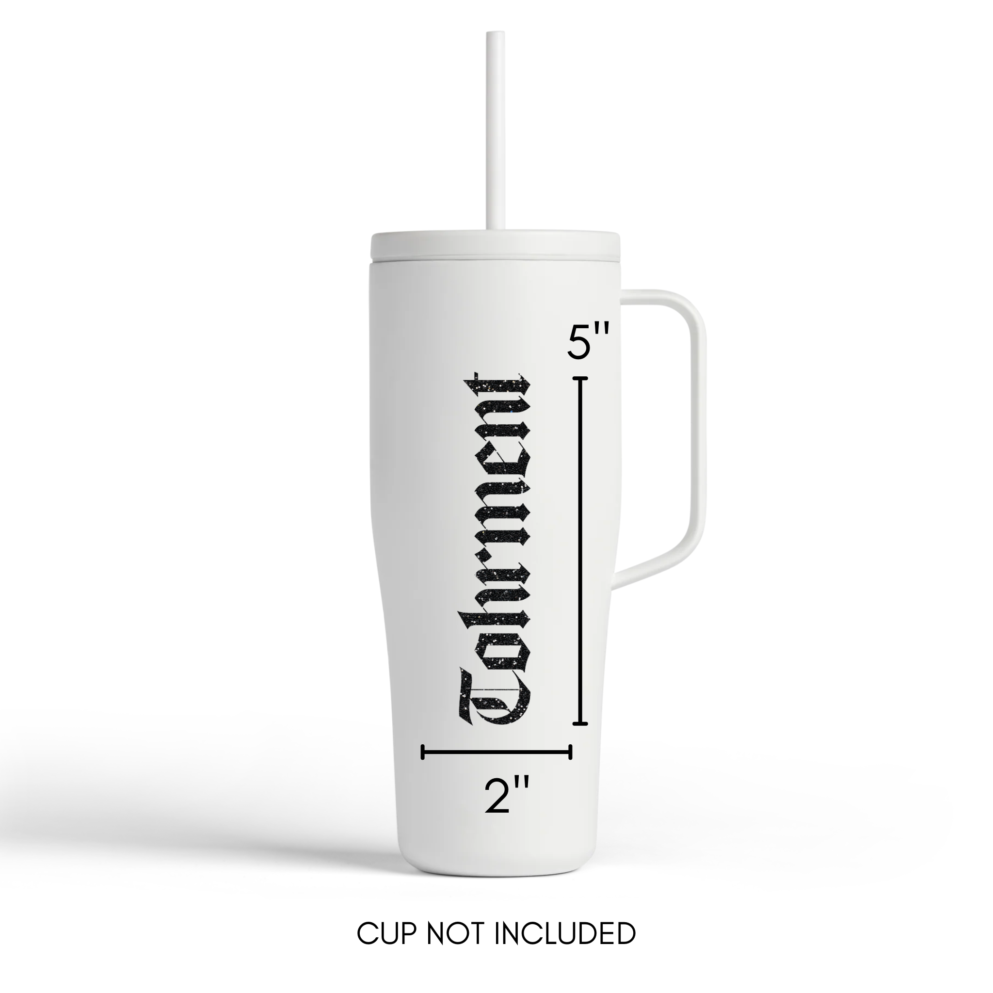 White tumbler with measurements of a "Tohrment" decal and text on a white background