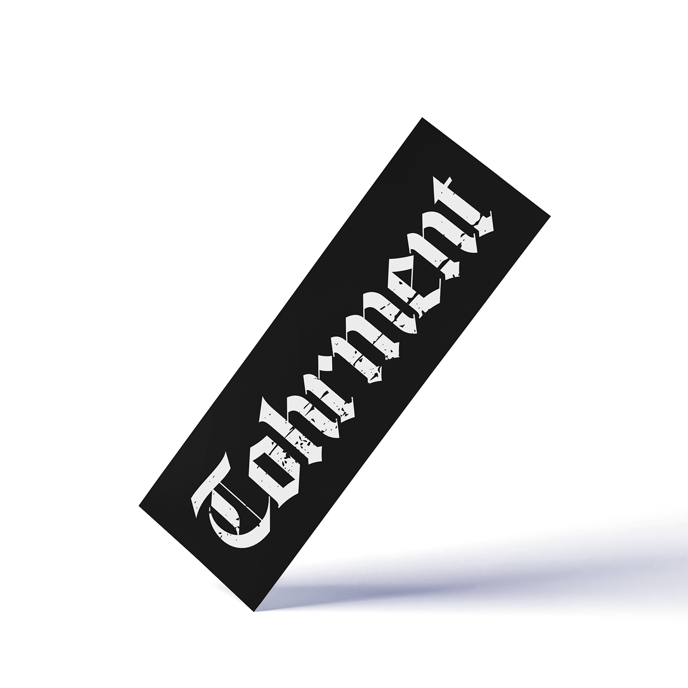 a black bookmark with "Tohrment" written in white, distressed, gothic text over a white background