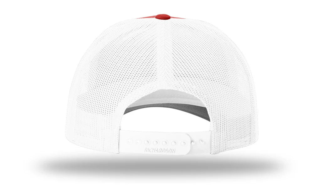 back view of a red and white trucker hat