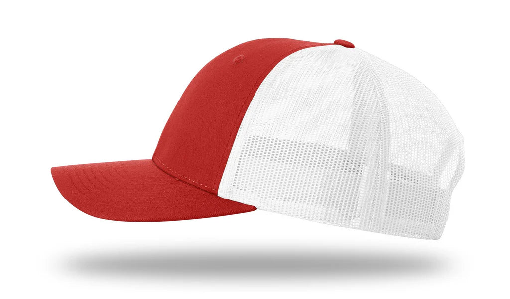side profile view of a red and white trucker hat