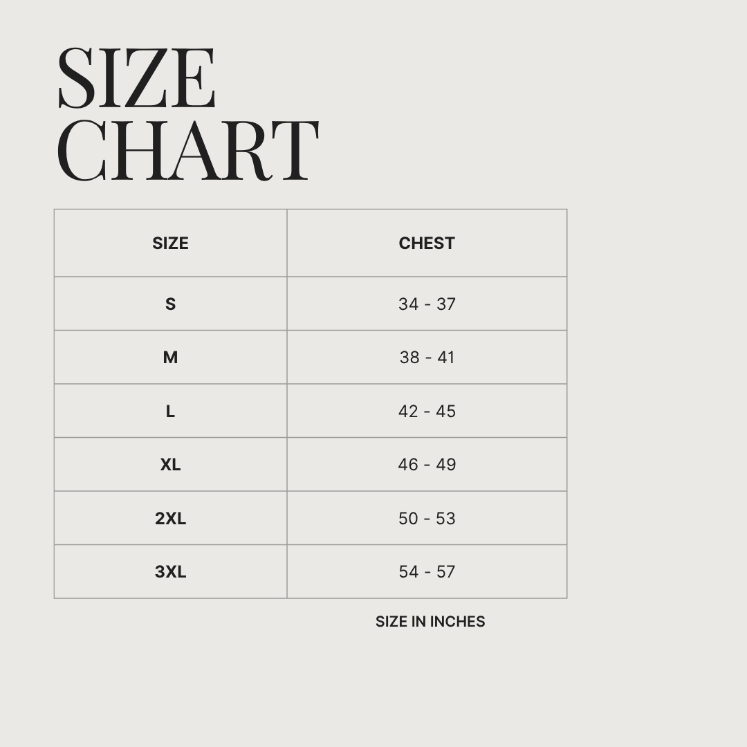 Size chart for chest measurements in inches on a light gray background