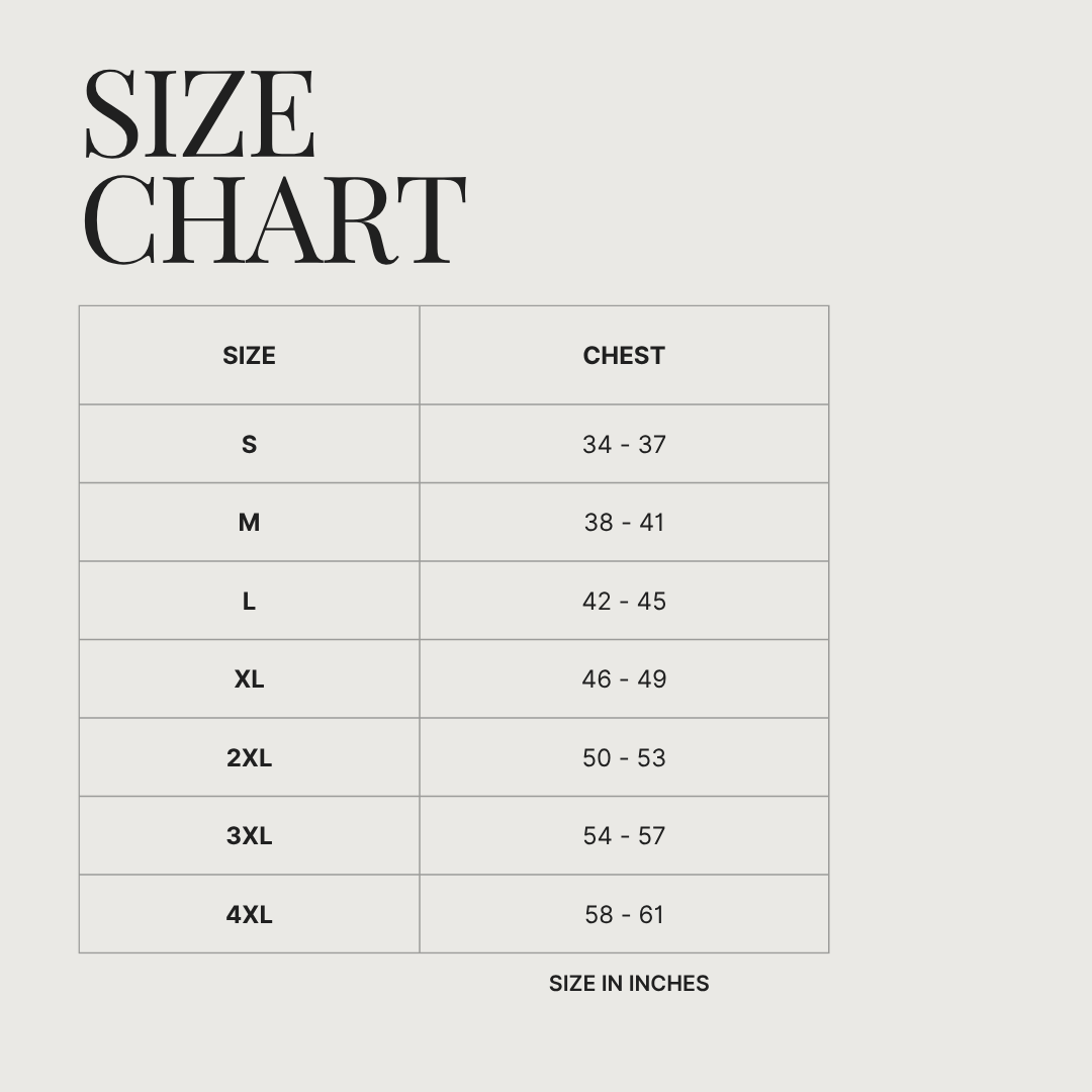 Size chart for chest measurements in inches on a light gray background