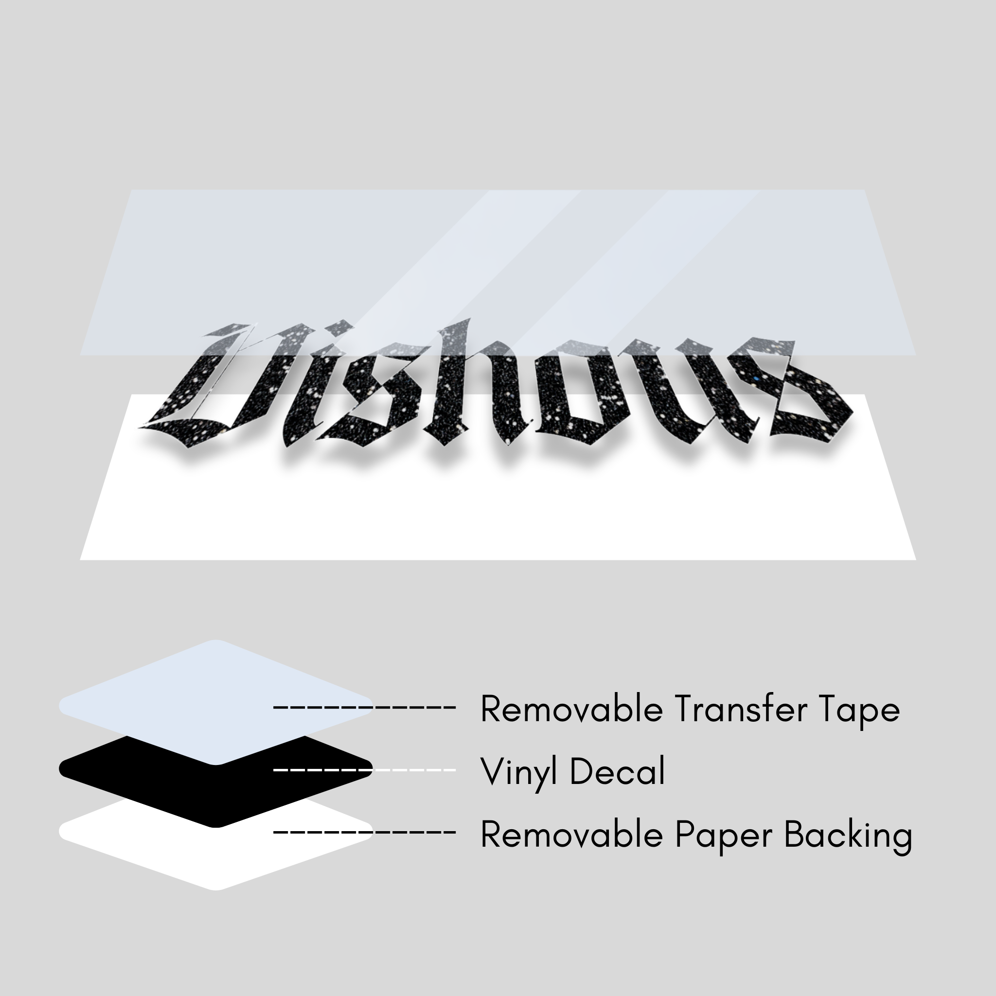 Vinyl decal with removable transfer tape and paper backing on a gray background