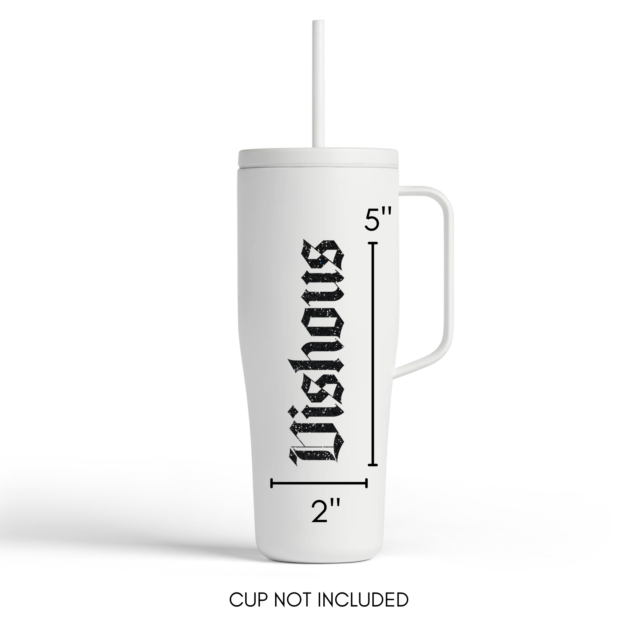 White tumbler with measurements and text on a white background