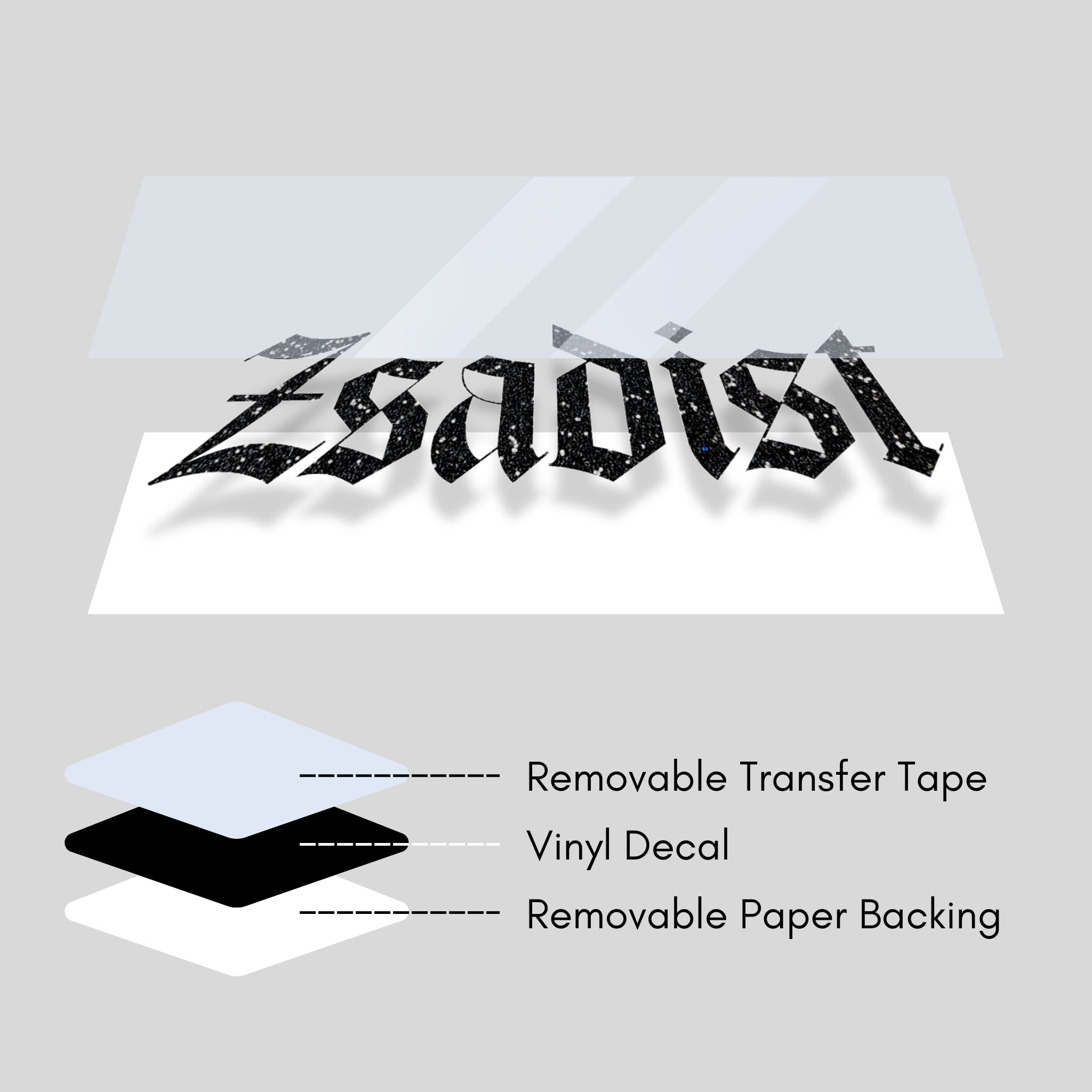 Vinyl decal with removable transfer tape and paper backing on a gray background