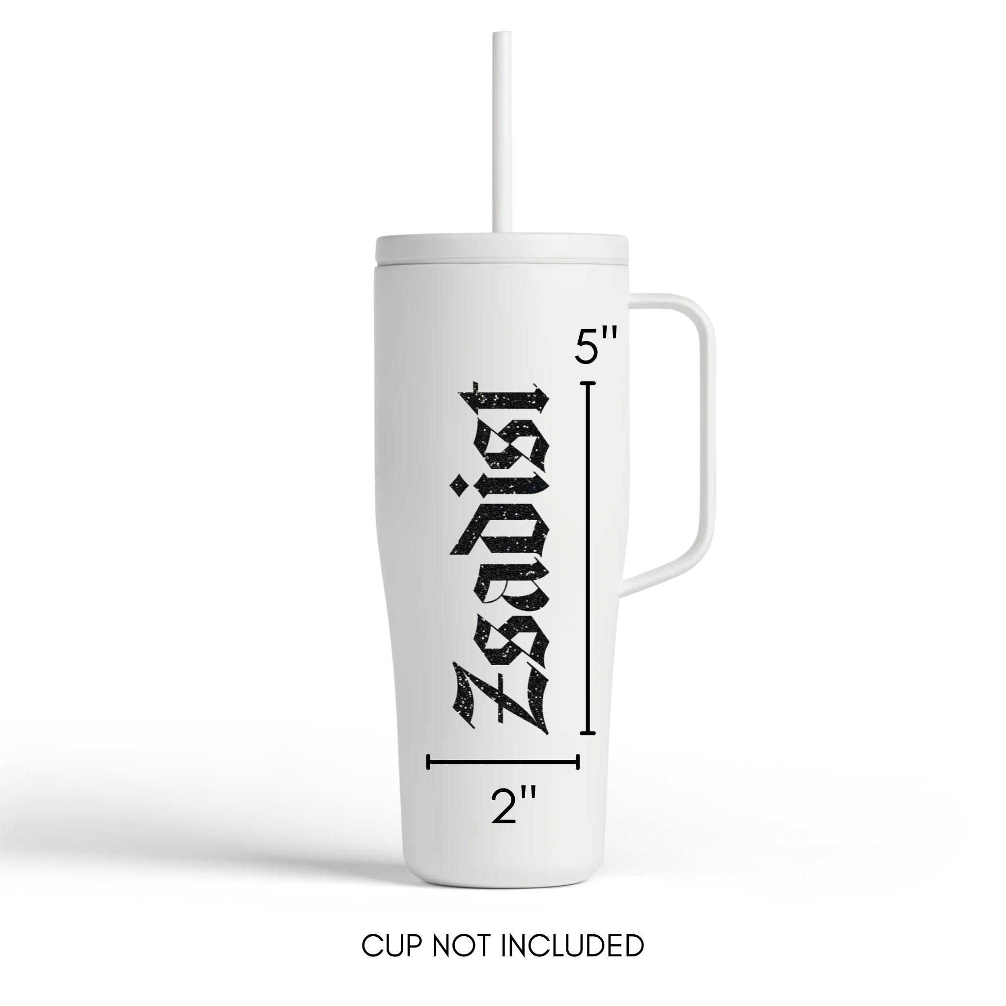 White tumbler with measurements of a "Zsadist" decal on a white background